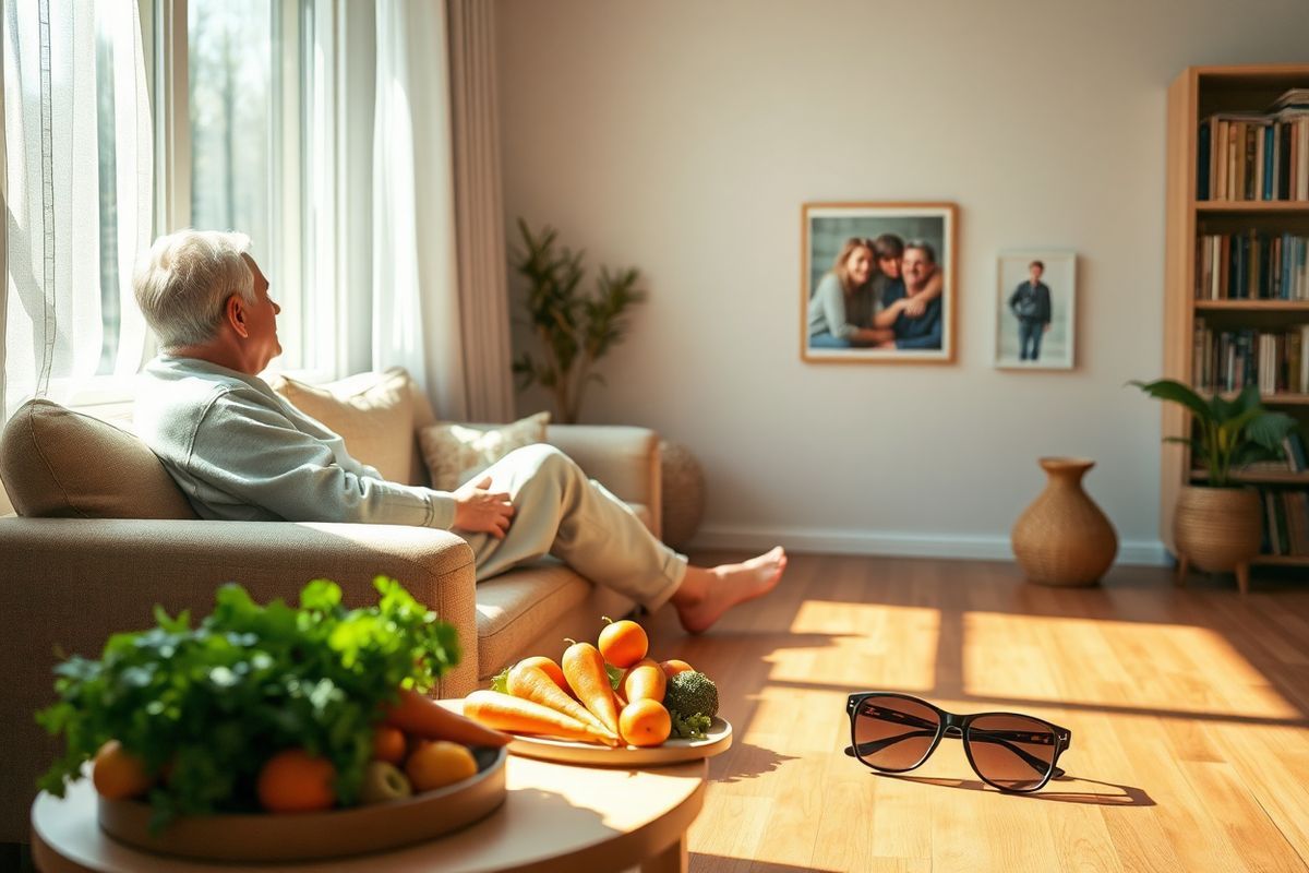 The image depicts a serene, softly lit scene of a mature person sitting in a cozy living room, gazing out of a large window. The sunlight filters through sheer curtains, casting gentle shadows on the warm wooden floor. In the foreground, a small table holds a variety of colorful fruits, including oranges, carrots, and leafy greens, symbolizing an eye-healthy diet. Nearby, a pair of stylish sunglasses rests on the table, hinting at the importance of protecting one’s eyes from UV rays. On the wall, a framed photograph captures a joyful moment of family, subtly emphasizing the value of clear vision. In the background, a bookshelf filled with well-loved books adds a touch of warmth and personality to the space. The overall atmosphere conveys tranquility and a sense of well-being, inviting viewers to reflect on the importance of eye health and the beauty of life’s simple moments. The color palette is soft and inviting, with earthy tones and gentle greens, creating a harmonious balance that promotes a sense of peace and mindfulness in caring for one’s vision.