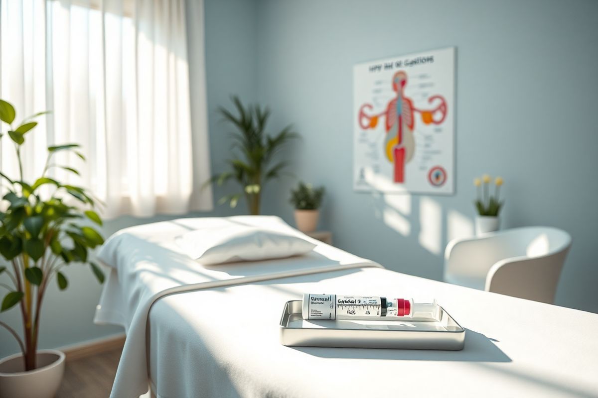 A photorealistic image depicting a serene and inviting healthcare setting, showcasing a well-lit medical examination room. The room features soft, calming colors such as light blue and white, with a comfortable examination table covered in crisp white linens. On the table, there is a small tray holding a syringe and a vial of the Gardasil 9 vaccine, symbolizing hope and prevention against HPV-related cancers. In the background, a colorful anatomy poster illustrating the human reproductive system is tastefully displayed on the wall, adding educational value to the space. Sunlight streams through a window adorned with sheer curtains, casting gentle shadows and creating a warm atmosphere. Potted plants in the corner add a touch of nature, enhancing the feeling of tranquility and health. This image captures the essence of preventive healthcare, emphasizing the importance of vaccination in a safe and supportive environment, perfect for conveying the message of HPV awareness and cancer prevention.