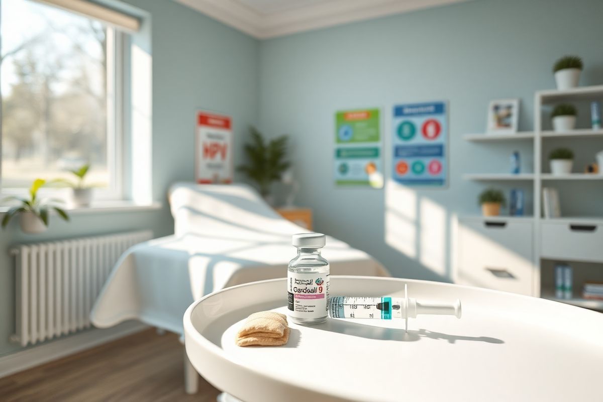 A photorealistic image of a serene healthcare setting featuring a well-lit, modern examination room. The room is adorned with soft pastel colors, creating a calming atmosphere. In the foreground, a neatly arranged tray holds a syringe, a vial of the Gardasil 9 vaccine, and a bandage, emphasizing the vaccination process. A comfortable examination table draped with a clean, white sheet sits against the wall, accompanied by a few colorful educational posters about HPV and vaccinations. Natural light streams through a large window, illuminating the room and casting gentle shadows. On a nearby shelf, there are potted plants and health brochures, promoting wellness and healthcare awareness. The overall composition conveys a sense of safety, care, and professionalism, making it an ideal representation of the importance of vaccination in preventing HPV-related cancers.