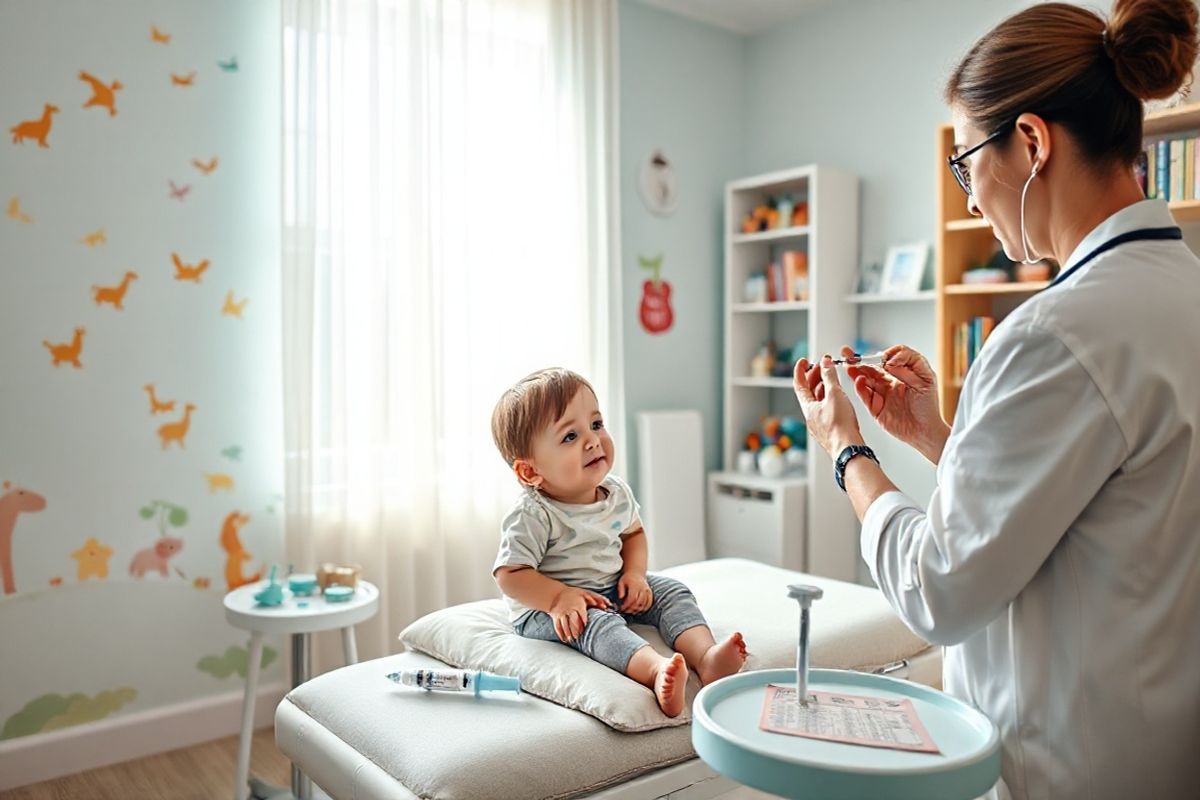 A photorealistic image depicting a serene pediatric healthcare setting. In the foreground, a caring healthcare provider gently administers a Skytrofa injection to a young child, who appears calm and reassured. The child’s expression reflects trust and comfort, sitting on a padded examination table surrounded by cheerful, colorful wall decals featuring animals and nature, promoting a positive atmosphere. Nearby, a small table displays medical supplies neatly organized, including a prefilled autoinjector and a dosage chart. Soft, natural light floods the room through a large window adorned with light curtains, casting a warm glow on the scene. In the background, a bookshelf filled with children’s books and toys adds to the inviting environment, emphasizing the importance of pediatric care. The overall composition conveys a sense of hope, support, and innovation in managing growth hormone deficiency, encapsulating the essence of Skytrofa as a breakthrough treatment for children.