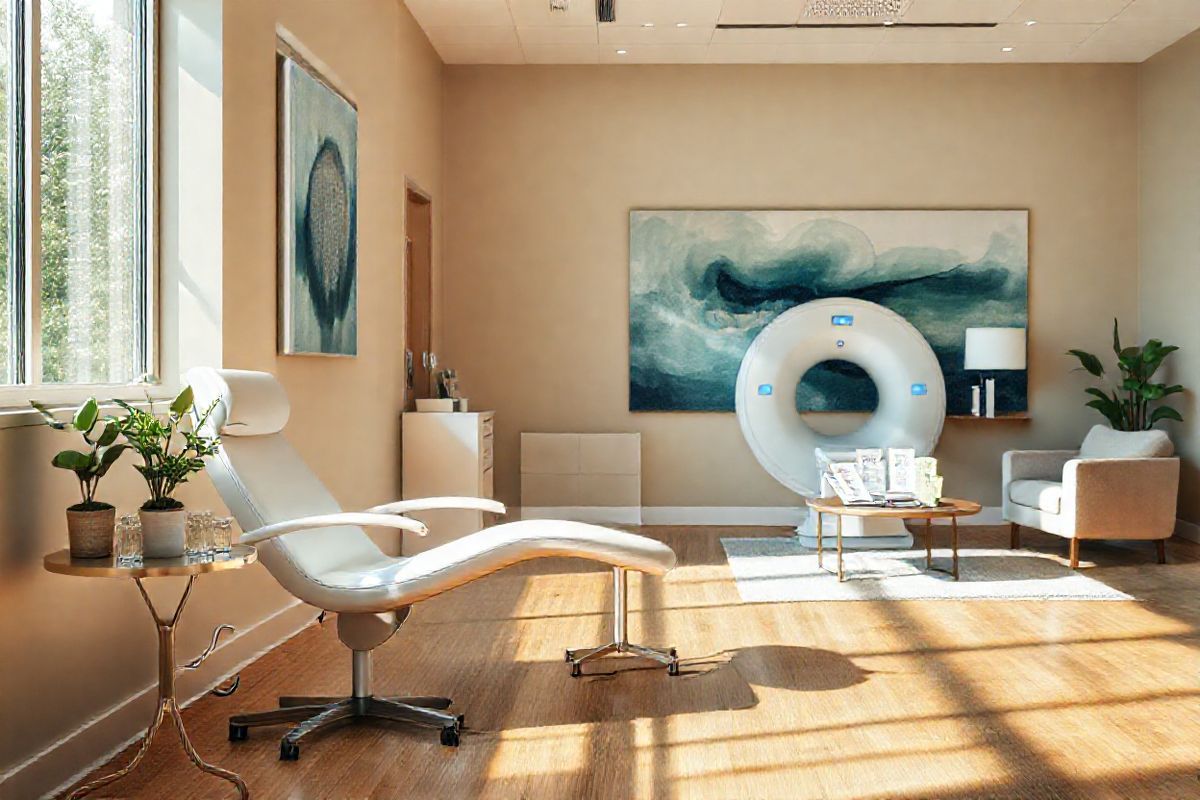 A photorealistic image captures a serene and inviting scene within a modern medical office dedicated to Alzheimer’s care. The setting features a softly lit room with large windows allowing natural light to stream in, illuminating the warm wooden floors and calming beige walls. In the foreground, a sleek, white treatment chair is positioned next to a small, elegant side table adorned with a potted plant and a glass of water.   On the wall, a large abstract painting in soothing blues and greens evokes a sense of peace and hope, symbolizing the fight against Alzheimer’s disease. Behind the chair, a state-of-the-art MRI machine is subtly integrated into the background, signifying the importance of monitoring brain health.   In one corner, a comforting lounge area with plush seating invites patients and families to relax, complete with a coffee table stacked with informative brochures about Kisunla and Alzheimer’s treatment. The overall atmosphere is one of optimism and care, reflecting a commitment to improving the lives of those affected by Alzheimer’s, making it an ideal visual representation of the advancements in treatment and support.