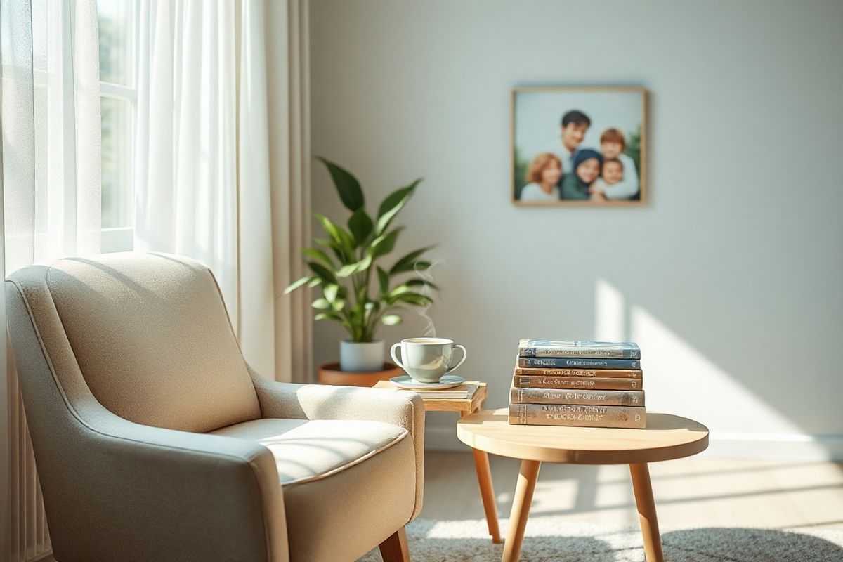 A serene and photorealistic image depicting a tranquil living room bathed in soft, natural light. The focal point is a cozy armchair positioned near a large window, with sheer curtains gently swaying in the breeze. A small side table made of light wood holds a steaming cup of herbal tea and a neatly stacked collection of books on Alzheimer’s awareness and early intervention. In the background, a potted plant adds a touch of greenery, symbolizing growth and hope. On the wall, a family photo showcases happy moments, evoking warmth and connection. The color palette is soft and inviting, featuring pastel hues of blue and green, complemented by earthy tones of beige and brown. Subtle reflections of light create a calming atmosphere, emphasizing the importance of early intervention and care for individuals with Alzheimer’s disease. This image embodies a sense of comfort, care, and the significance of recognizing early signs of cognitive decline in a nurturing environment.