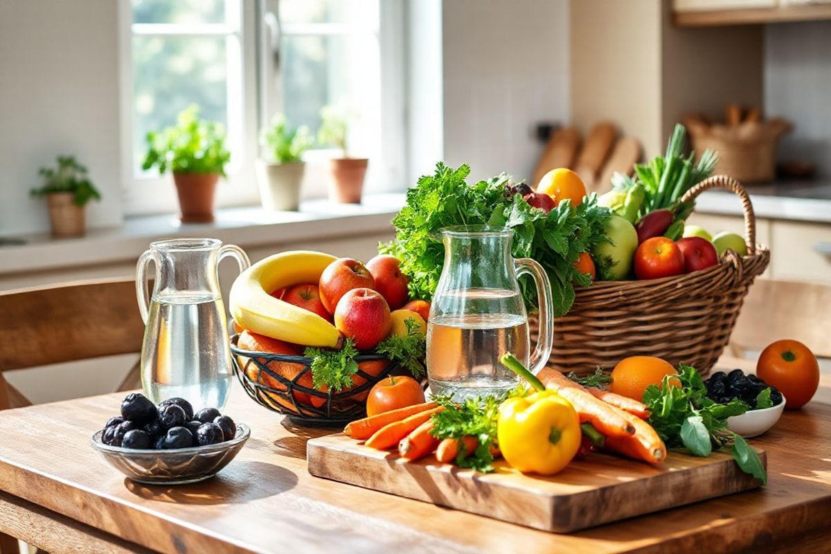 A beautifully arranged wooden kitchen table is adorned with an array of fresh, colorful fruits and vegetables, symbolizing a high-fiber diet. The centerpiece features a bowl overflowing with vibrant apples, ripe bananas, and juicy oranges, while a rustic wooden cutting board displays a medley of leafy greens, carrots, and bell peppers. A glass pitcher filled with clear, refreshing water sits nearby, glistening in the soft sunlight that filters through a kitchen window, casting gentle shadows across the table. In the background, a basket overflowing with whole grain bread and a small dish of plump, dark prunes adds an inviting touch. The kitchen is bright and airy, with light-colored walls and potted herbs on the windowsill, enhancing the wholesome atmosphere. The scene conveys a sense of health and wellness, emphasizing the importance of dietary modifications, hydration, and fresh ingredients in promoting regular bowel movements and overall digestive health.