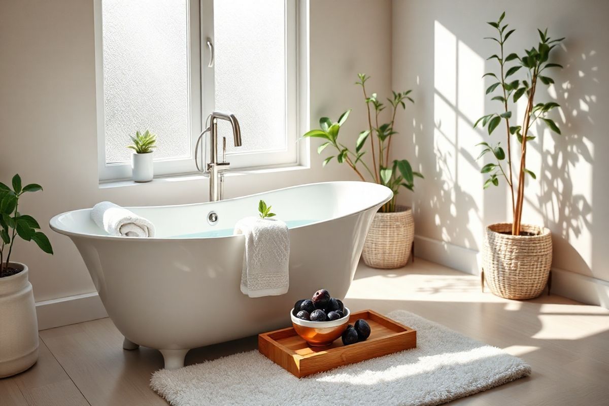 A photorealistic image depicting a serene bathroom setting designed for relaxation and comfort. The focal point is a stylish, freestanding bathtub filled with warm water and surrounded by soft, white towels. Beside the tub, a small wooden tray holds a clear glass of water, a few fresh green leaves, and a delicate bowl of prunes, symbolizing natural remedies for constipation relief. Natural light streams through a frosted window, casting gentle shadows and creating a calming atmosphere. The walls are adorned with soft, neutral colors, and potted plants are strategically placed to enhance the sense of tranquility. A plush bath mat lies underfoot, completing the spa-like ambiance. The overall scene conveys a sense of wellness and self-care, inviting viewers to imagine a soothing experience that promotes digestive health and relaxation.