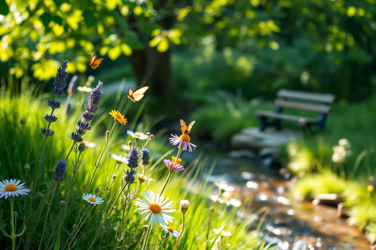 A serene and calming scene unfolds, featuring a close-up of a lush green garden illuminated by soft, dappled sunlight filtering through the leaves of a nearby tree. In the foreground, delicate clusters of vibrant wildflowers—lavender, daisies, and chamomile—sway gently in the breeze, their colors adding a splash of brightness to the verdant backdrop. The background showcases a gently flowing stream, its crystal-clear waters reflecting the surrounding greenery, enhancing the tranquil ambiance. A few butterflies flutter softly among the flowers, embodying peace and resilience, while a small, rustic wooden bench sits invitingly off to the side, suggesting a perfect spot for relaxation and contemplation. The overall atmosphere is one of harmony and tranquility, evoking a sense of calm that resonates with the theme of managing stress and finding relief from stress-induced skin reactions. This idyllic setting captures the essence of nature’s soothing qualities, creating an ideal visual companion for discussions on wellness and self-care.