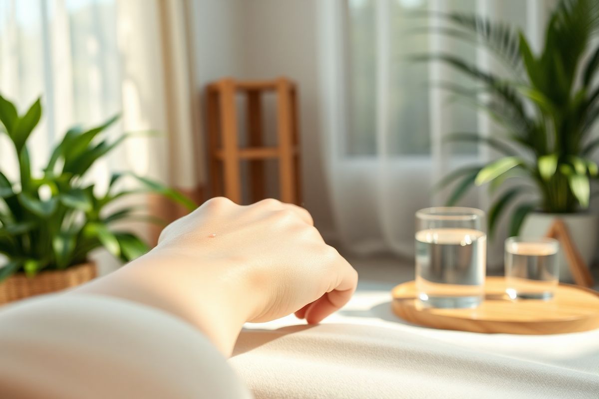 A serene and calming scene unfolds in the foreground, showcasing a close-up of a woman’s arm gently resting on a soft, textured fabric. The skin is smooth, with subtle hints of a light pink hue, indicating a healthy complexion, while a few delicate, raised bumps—a representation of stress rashes—are visible, their iridescent sheen catching the soft light. In the background, a tranquil setting comes to life: a softly blurred indoor space adorned with lush green plants and warm wooden accents, creating a sense of natural comfort. Gentle sunlight filters through sheer curtains, casting a warm glow that enhances the soothing atmosphere, while a small glass of cool, clear water rests on a nearby table, symbolizing hydration and care. The overall color palette features soft pastels and earthy tones, evoking a feeling of calmness and relaxation, perfectly complementing the theme of managing stress and promoting skin health. The image captures the essence of self-care, emphasizing the importance of addressing both physical and emotional well-being in a harmonious, inviting environment.