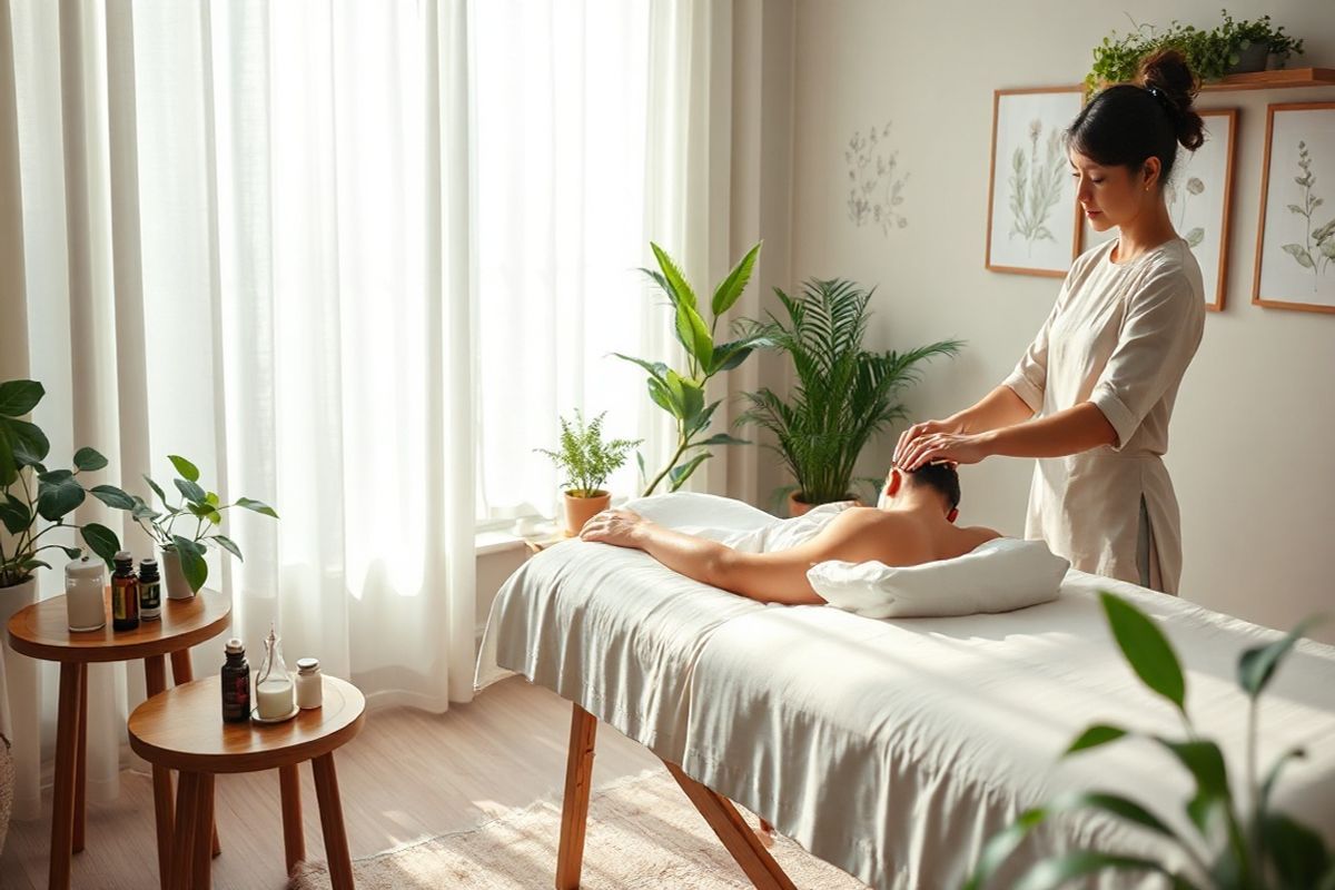 The image features a serene acupuncture treatment room, bathed in soft, natural light filtering through sheer curtains. In the foreground, a comfortable treatment table is adorned with fluffy white linens, creating a tranquil atmosphere. Nearby, a small wooden side table holds a selection of essential oils and candles, adding a calming touch. The walls are painted in soothing pastel tones, decorated with subtle botanical prints that evoke a sense of peace and healing.   A licensed acupuncturist, dressed in a professional yet relaxed outfit, is gently placing acupuncture needles into the back of a patient who is lying face down on the table, their expression serene and relaxed. The patient is surrounded by lush greenery, with potted plants strategically placed around the room, enhancing the natural, healing environment.   In the background, a small water feature trickles softly, contributing to the soothing ambiance. The overall composition invites viewers to feel the tranquility and healing potential of acupuncture, embodying a holistic approach to wellness that aligns perfectly with the themes of pain relief and natural therapies outlined in the accompanying text.