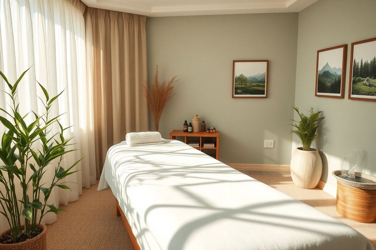 A serene and inviting treatment room designed for acupuncture therapy, featuring soft, natural lighting that filters through sheer, flowing curtains. The room is adorned with calming earth tones, including soothing greens and warm browns. In the center, a comfortable acupuncture table draped with a plush, white linen sheet invites relaxation. Surrounding the table are tranquil elements such as bamboo plants and smooth stones arranged harmoniously. A small wooden shelf displays essential oils and herbal remedies, emphasizing a holistic approach to healing. On the walls, framed images of peaceful landscapes, like tranquil mountains and serene forests, enhance the calming atmosphere. A gentle water feature in one corner adds a soft, soothing sound, contributing to the overall sense of tranquility. The scene embodies a blend of modernity and natural elements, creating an ideal environment for patients seeking relief from pain through acupuncture. The absence of any text allows the viewer to focus solely on the peacefulness and warmth of the space, evoking feelings of hope and healing for those suffering from chronic conditions.