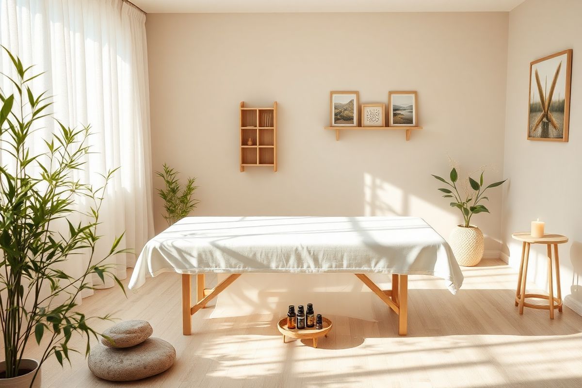 A serene room designed for acupuncture therapy, exuding a calming atmosphere. The space features a soft, neutral color palette with pale beige walls and light wooden flooring. In the center, a pristine acupuncture table is draped with a smooth, white sheet, inviting comfort and tranquility. Surrounding the table, delicate bamboo plants and soothing stones create a natural, Zen-like ambiance. Gentle sunlight filters through sheer curtains, casting soft shadows and enhancing the peaceful vibe. On a small side table, a collection of essential oils is displayed alongside a flickering candle, adding an element of warmth and relaxation. The room is adorned with tasteful artwork depicting nature scenes, further enhancing the sense of harmony and wellness. In the background, a wall-mounted shelf holds acupuncture needles in a neatly organized manner, showcasing the professionalism and care of the practitioner. This tranquil setting perfectly embodies the healing essence of acupuncture, making it an ideal visual representation for the therapeutic benefits discussed in the text.