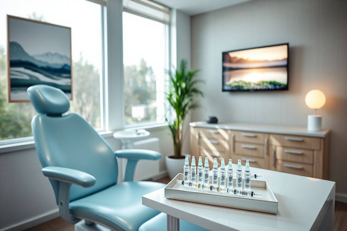 A serene medical office setting, softly lit with natural light filtering through large windows. The focal point is a modern treatment room featuring a sleek, adjustable examination chair in a calming shade of light blue. On a nearby table, a neatly arranged tray holds sterile syringes and vials of Botox, glistening under the soft glow of a lamp. The walls are adorned with soothing artwork depicting abstract landscapes, promoting a sense of tranquility. A potted plant adds a touch of greenery, while a digital screen in the background displays a peaceful nature scene without any text. The overall atmosphere conveys professionalism and comfort, inviting patients to feel at ease as they seek relief from chronic migraines through innovative treatments.