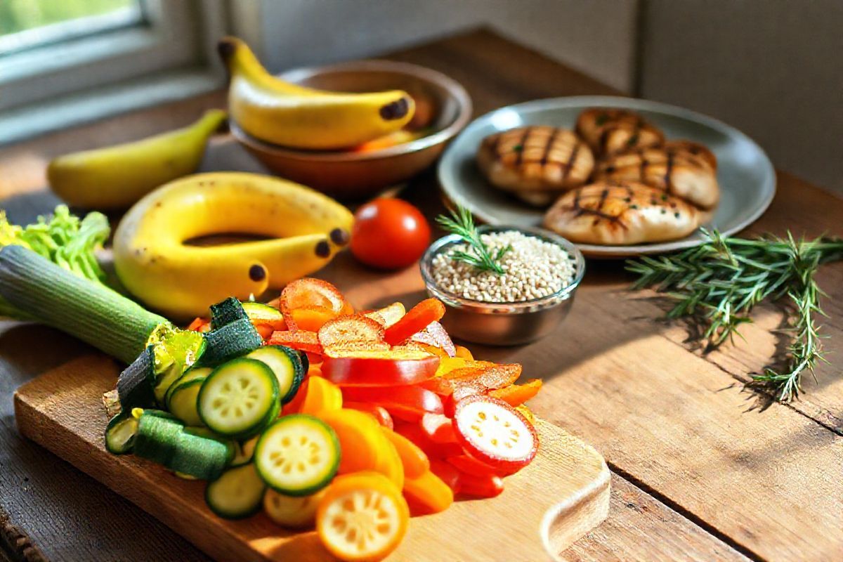 A beautifully arranged low FODMAP meal sits on a rustic wooden table, showcasing an abundance of vibrant, fresh ingredients. In the foreground, a cutting board displays colorful sliced vegetables, including bright orange carrots, green zucchinis, and deep red bell peppers, glistening with moisture. Nearby, a bowl brims with ripe bananas, their yellow skins speckled with brown spots, indicating perfect ripeness. In the background, a plate is filled with grilled chicken breasts, their golden-brown sear reflecting the warm light.   A small dish of quinoa, fluffy and white, is sprinkled with fresh herbs, adding a touch of green. The table is adorned with a few sprigs of rosemary and thyme, enhancing the visual appeal with their earthy tones. Soft, natural light filters through a nearby window, casting gentle shadows and illuminating the textures of the food, creating an inviting and warm atmosphere. The overall composition evokes a sense of health, vitality, and culinary creativity, perfectly encapsulating the essence of the low FODMAP diet while enticing viewers to explore the delicious possibilities within its guidelines.