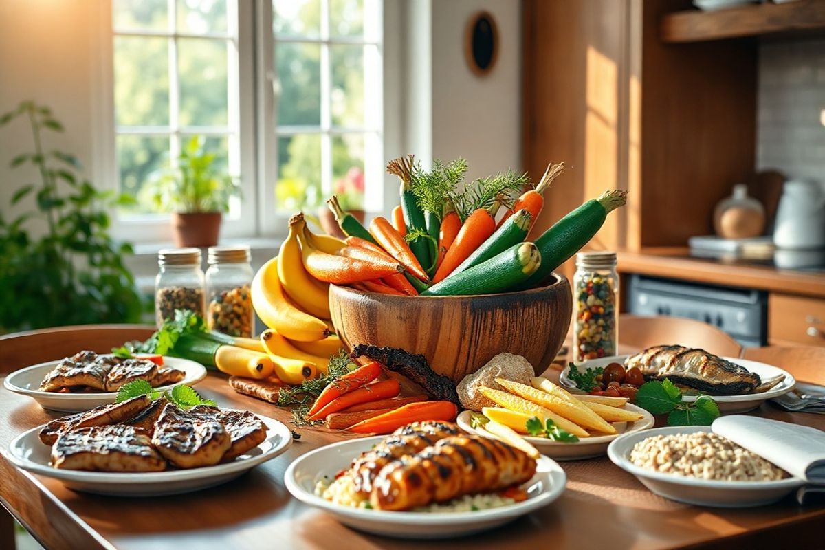 A serene kitchen scene bathed in warm, natural light, showcasing a beautifully arranged table filled with low FODMAP foods. The centerpiece is a rustic wooden bowl overflowing with vibrant, fresh produce such as ripe bananas, bright orange carrots, and green zucchinis. Surrounding the bowl are neatly placed plates featuring succulent grilled meats and fish, alongside gluten-free grains like quinoa and rice, all artfully presented. In the background, a window reveals a lush garden, hinting at the source of the organic ingredients. A few glass jars filled with colorful spices and herbs add a touch of elegance, while a cookbook on the side hints at healthy recipes. The overall atmosphere exudes a sense of calm and wellness, inviting viewers to embrace a healthy lifestyle and the art of mindful eating. The lighting accentuates the textures of the food, highlighting their freshness and vibrancy, creating an inviting and photorealistic depiction of a nutritious meal that resonates with the theme of managing ulcerative colitis through dietary choices.