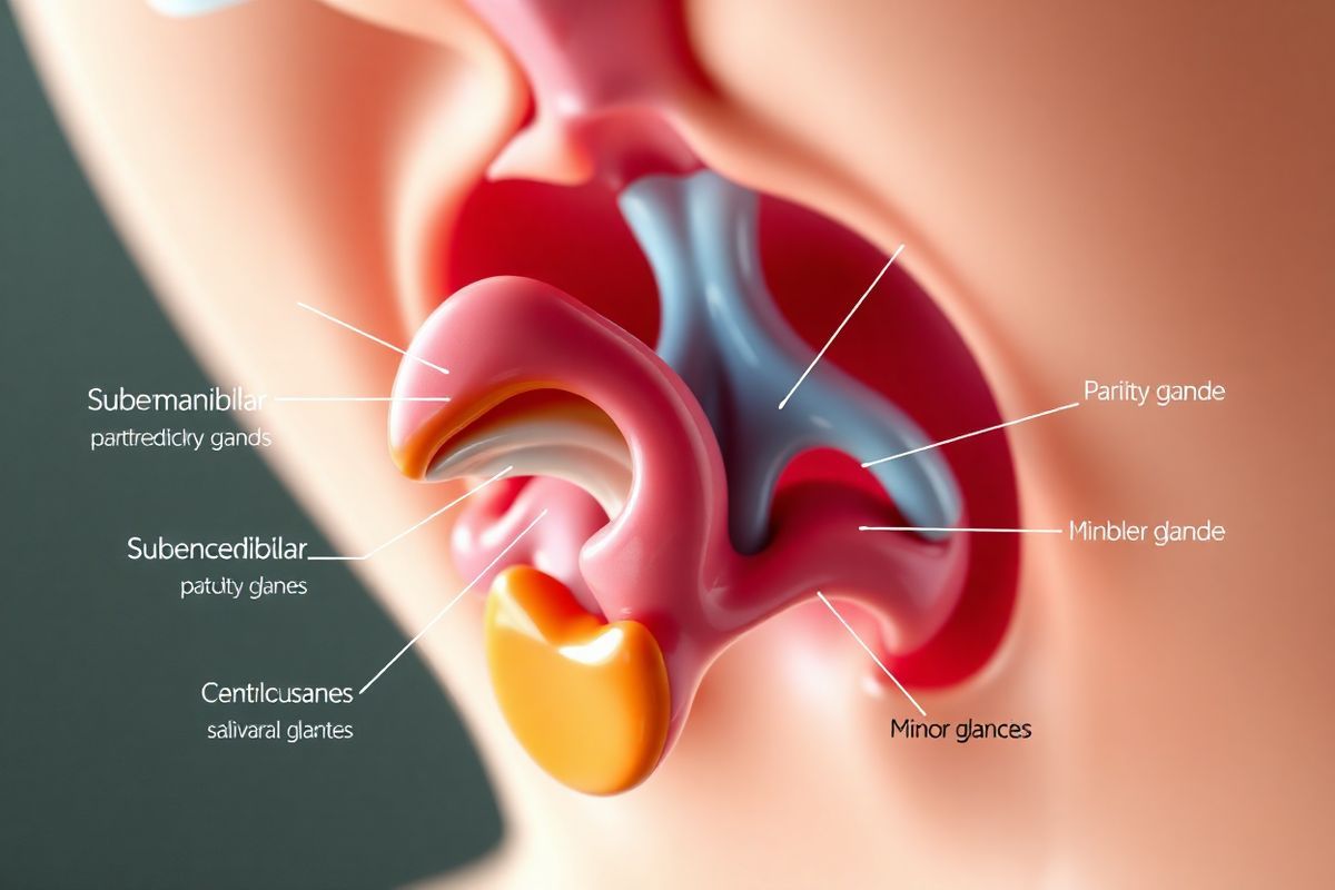 A photorealistic decorative image depicting the intricate anatomy of the human salivary glands. The image features a detailed, three-dimensional rendering of the parotid, submandibular, and sublingual glands, along with minor salivary glands, showcased in vibrant colors. The glands are positioned against a softly blurred background of the oral cavity, highlighting their locations and functions. Each gland is labeled with subtle, transparent annotations indicating their names and respective functions, such as “produces watery saliva” for the parotid gland and “contributes to overall saliva production” for the minor glands. The textures of the glands are hyper-realistic, capturing the smoothness and slight glossiness of their surfaces, while the surrounding tissues are illustrated in gentle shades of pink and beige to emphasize the organic nature of the anatomy. Soft lighting enhances the depth and dimension of the glands, casting delicate shadows that add to the realism. Overall, the image serves as an educational yet visually appealing representation of salivary gland anatomy, making it suitable for medical or educational contexts.