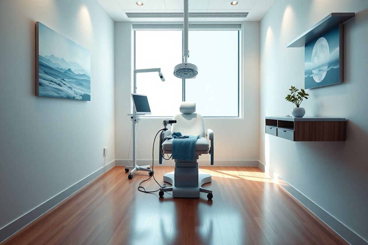 A photorealistic decorative image depicting a serene and minimalist medical examination room dedicated to sialendoscopy. The room features soft, ambient lighting that creates a calming atmosphere. In the center, a sleek, modern examination chair is surrounded by advanced medical equipment, including a state-of-the-art micro-endoscope resting on a sterile tray. The walls are adorned with soothing nature-themed artwork, showcasing tranquil landscapes, which contribute to a peaceful environment. A small, elegant plant sits on a nearby counter, adding a touch of greenery. The floor is polished wood, reflecting the soft light. At the back of the room, a large window allows natural light to filter in, illuminating the space with a warm glow. Subtle details, such as neatly arranged medical instruments and a soft blue blanket draped over the chair, enhance the realism of the scene, inviting a sense of trust and comfort for patients undergoing this innovative procedure. The overall color palette consists of soft blues and greens, emphasizing a sense of tranquility and healing, perfect for conveying the advancements in minimally invasive salivary gland treatments.