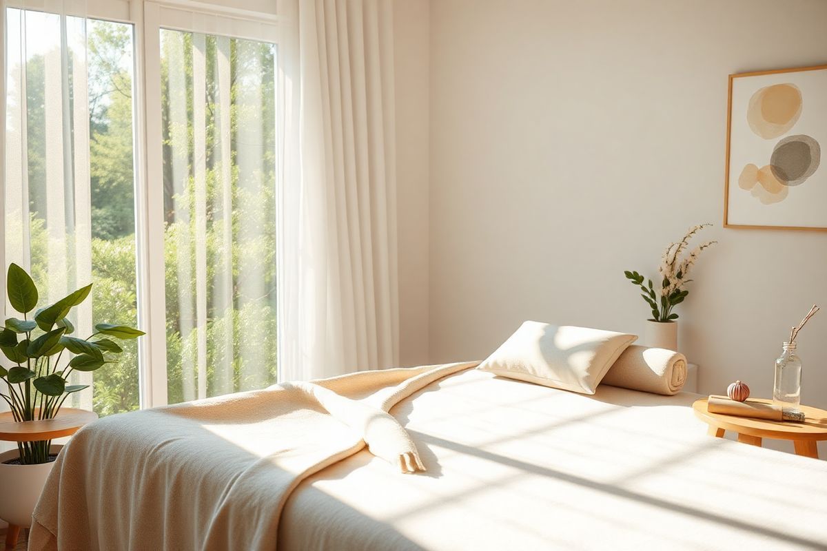 A serene and tranquil scene unfolds in a softly lit physical therapy room, designed for patients with fibromyalgia. The focal point is a comfortable therapy bed adorned with plush, neutral-toned blankets and pillows, inviting relaxation. Sunlight filters through sheer, white curtains, casting gentle patterns of light across the room. In the background, a large window reveals a peaceful view of a lush green garden, with blooming flowers and trees swaying lightly in the breeze, symbolizing healing and rejuvenation.  Nearby, a small wooden table holds a selection of therapeutic tools: a yoga mat rolled neatly, resistance bands, and a water bottle, hinting at the variety of exercise options available. On the walls, calming artwork depicting abstract shapes and soft colors enhances the soothing atmosphere, while a potted plant adds a touch of nature, promoting a sense of well-being. The overall ambiance is warm and inviting, encouraging patients to engage in their recovery journey, reflecting the comprehensive approach to managing fibromyalgia through physical therapy and self-care.