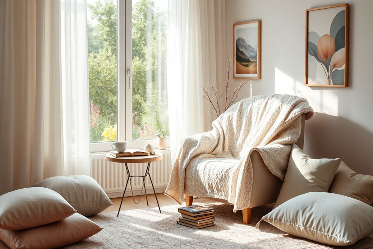 A serene, softly lit room designed for relaxation and healing, featuring a cozy, oversized armchair draped with a light, textured throw blanket. The chair is positioned near a large window, allowing natural light to stream in, illuminating the space with a warm glow. Outside the window, a peaceful garden is visible, filled with vibrant flowers and lush greenery, symbolizing tranquility and the healing power of nature. On a small side table next to the chair, there is a steaming cup of herbal tea, surrounded by a few well-worn books about wellness and self-care. The walls are adorned with calming artwork depicting gentle landscapes and abstract forms that evoke a sense of peace. Soft cushions in muted pastel colors are scattered around the room, enhancing the cozy atmosphere. A plush area rug underfoot adds warmth, while a gentle breeze causes the sheer curtains to flutter slightly, creating a soothing ambiance. This image captures the essence of comfort and support, embodying a sanctuary for individuals seeking relief from the challenges of fibromyalgia and promoting a holistic approach to well-being.