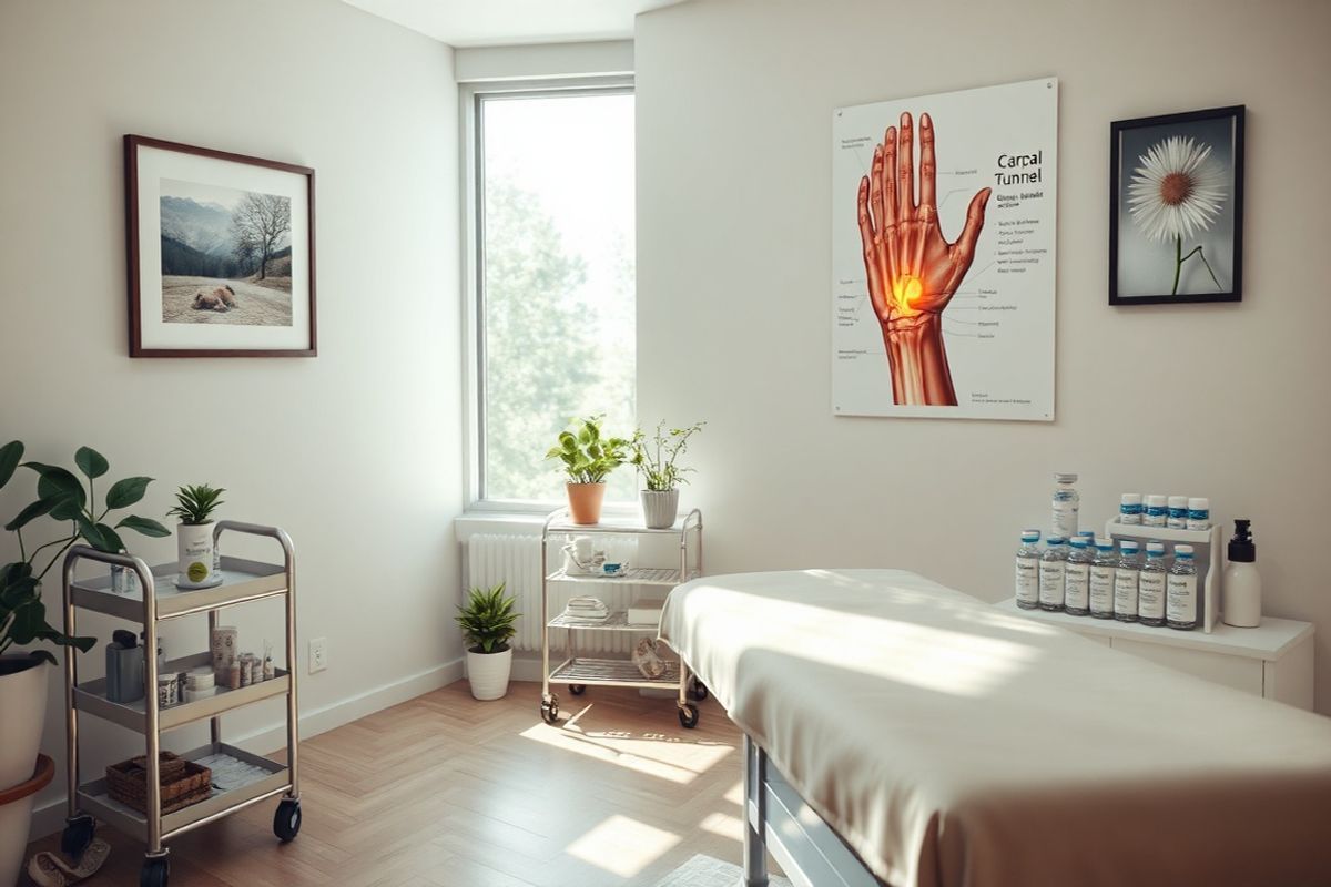 A photorealistic image of a serene, well-lit medical examination room focused on a treatment area for carpal tunnel syndrome. The room features a comfortable examination table with a soft, neutral-colored sheet, surrounded by calming decor such as potted plants and framed nature artwork on the walls. A small, organized medical cart is nearby, displaying various medical supplies, including syringes and vials of corticosteroid medication, arranged neatly. In the background, a clear anatomical poster of the human hand and wrist, highlighting the carpal tunnel, is visible on the wall, providing an educational touch. Soft, natural light filters through a window, casting gentle shadows and creating a warm, inviting atmosphere. The overall scene conveys a sense of professionalism, calmness, and readiness for patient care, embodying the essence of a supportive environment for individuals seeking treatment for their symptoms.