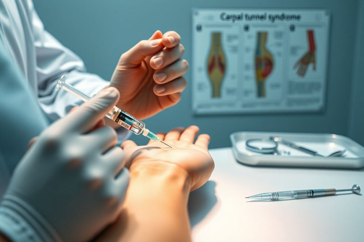 A photorealistic image depicts a serene clinical setting featuring a medical professional administering a corticosteroid injection into a patient’s wrist, specifically targeting the carpal tunnel area. The scene captures a close-up view of the injection process, showcasing the healthcare provider’s focused expression as they hold a syringe filled with a clear corticosteroid solution. The patient’s hand rests on a soft, sterile surface, with gentle lighting highlighting the contours of the wrist and hand, emphasizing the delicate nature of the procedure. Surrounding the injection site, a clean, organized environment is visible, with medical tools neatly arranged on a nearby tray and a soothing color palette of blues and whites creating a calming atmosphere. In the background, a blurred image of anatomical charts related to the median nerve and carpal tunnel anatomy adds educational context without detracting from the primary focus of the injection. The overall composition conveys professionalism and care, evoking a sense of trust and relief for those seeking treatment for carpal tunnel syndrome.