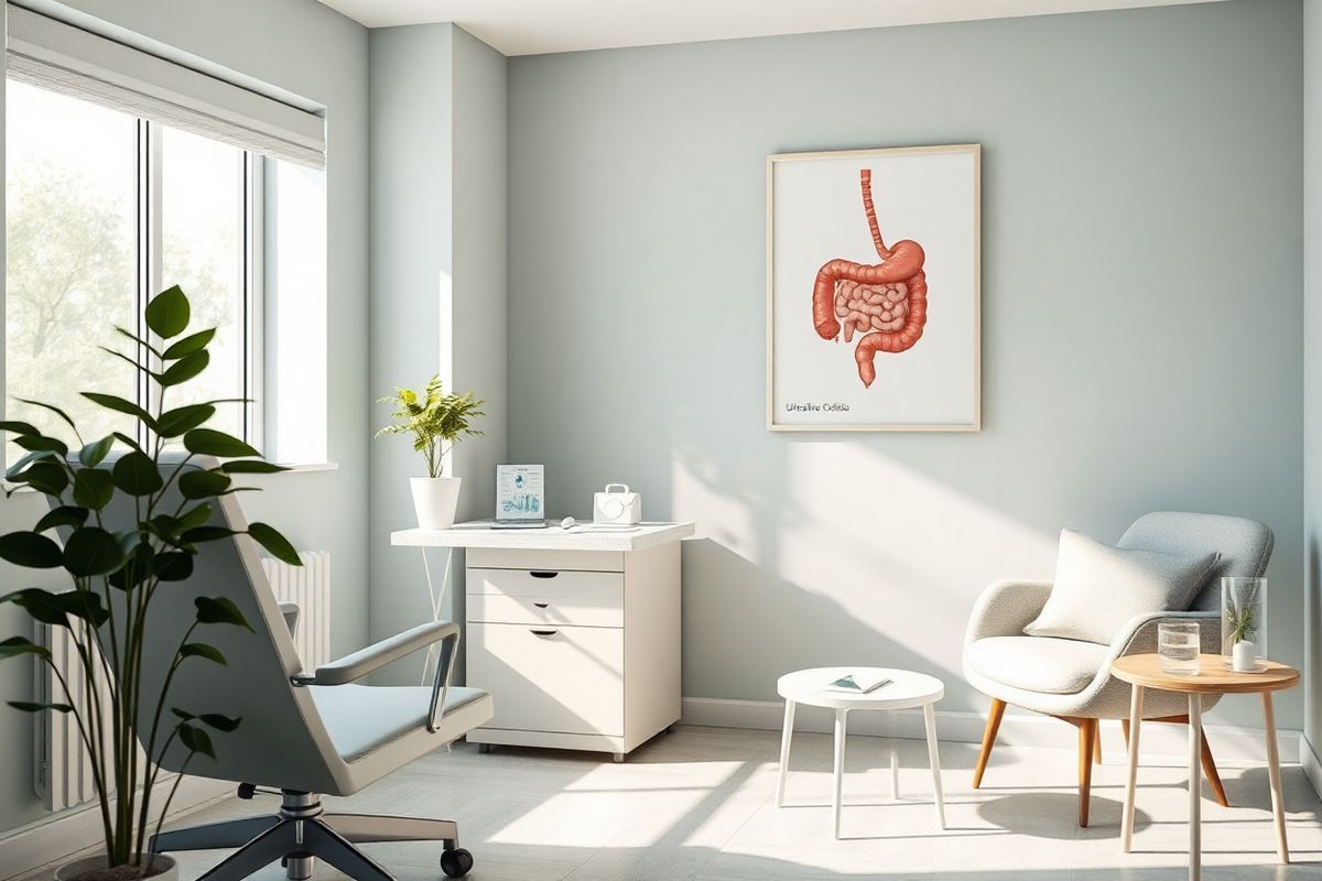 A serene, photorealistic image depicting a tranquil medical setting focused on ulcerative colitis treatment. The scene features a softly lit consultation room with a comfortable examination chair and a sleek, modern desk adorned with a few medical tools and a laptop displaying a patient’s chart. In the background, a large window allows natural sunlight to filter in, illuminating a potted plant that symbolizes growth and healing. On the walls, there are subtle, calming colors like soft blues and greens, evoking a sense of peace and reassurance. A framed anatomical poster of the human digestive system hangs neatly, providing educational insight without overwhelming the aesthetics. A cozy corner with a plush armchair and a small table holding a glass of water completes the inviting atmosphere, encouraging patients to feel at ease as they discuss treatment options for ulcerative colitis. The image captures a moment of hope and care, reflecting the importance of patient-centered approaches in managing chronic conditions like ulcerative colitis through biologic therapies.