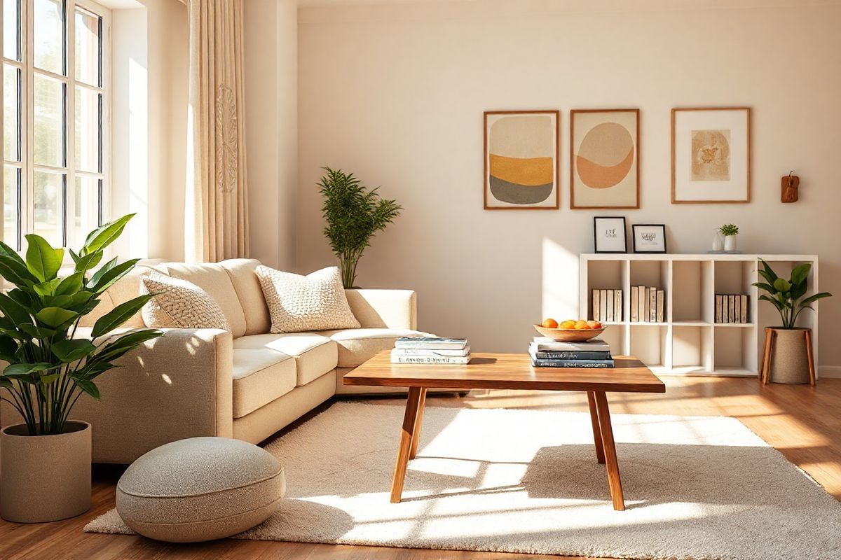 A photorealistic image featuring a serene and inviting scene of a cozy, well-lit living room. In the foreground, a plush, beige sofa adorned with soft, textured throw pillows sits invitingly, flanked by a sleek wooden coffee table topped with a small stack of health and wellness books. To the side, a lush, green potted plant adds a touch of nature, while a decorative bowl filled with fresh fruits sits on the table, symbolizing vitality. The walls are painted in calming pastel hues, and a large window allows warm sunlight to stream in, casting gentle shadows across the room. On the walls, tasteful art depicting abstract patterns in soothing colors complements the ambiance. A soft area rug lies beneath the coffee table, enhancing the warmth of the space. In the background, a small bookshelf filled with neatly arranged books and a few framed photographs of loved ones further personalizes the environment. This tranquil setting evokes a sense of comfort and hope, making it a perfect visual representation of the journey toward healing and wellness for individuals dealing with ulcerative colitis.