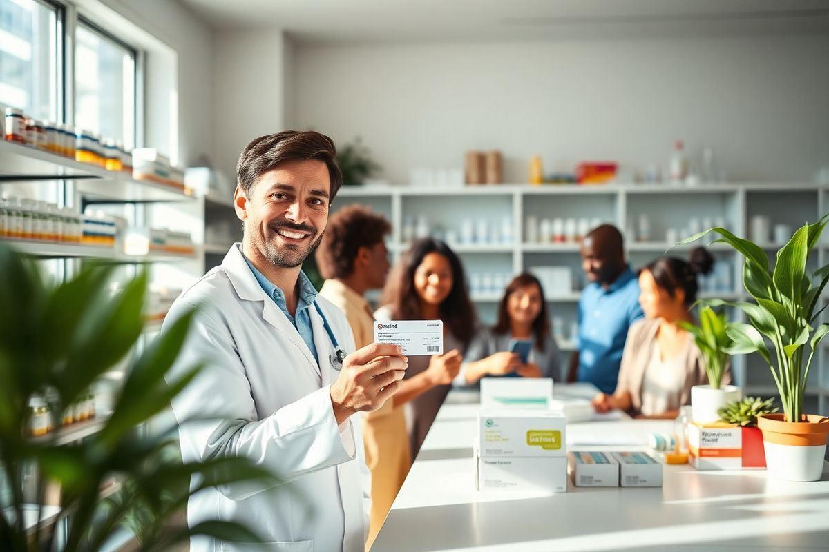 A photorealistic image capturing a serene pharmacy setting, showcasing a neatly organized prescription counter. In the foreground, a pharmacist with a warm smile is handing over a copayment card to a diverse group of patients, highlighting the interaction and assistance provided. The background features shelves filled with various medication bottles and neatly labeled boxes, creating a sense of trust and professionalism. Soft, natural light filters in through a large window, illuminating the space and casting gentle shadows. Potted plants add a touch of greenery, enhancing the atmosphere of care and well-being. The overall scene conveys a sense of community, support, and the importance of accessible healthcare, perfectly complementing the theme of copayment cards and their role in alleviating medication costs.