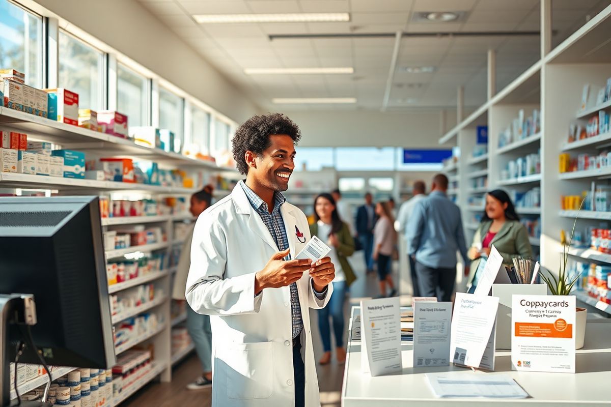 A photorealistic image of a modern pharmacy interior filled with bright, natural light streaming through large windows. The shelves are stocked with a variety of medications, prominently featuring brand-name drug boxes with colorful packaging. In the foreground, a friendly pharmacist is engaged in conversation with a patient, who is holding a copayment card in one hand and a prescription bottle in the other. The pharmacist, wearing a white lab coat, gestures towards a computer screen displaying medication information. On a nearby counter, there are brochures about copayment cards and other savings programs, neatly arranged with a small potted plant adding a touch of greenery. The atmosphere is warm and inviting, emphasizing the supportive and informative nature of the pharmacy experience, while patients of diverse backgrounds are seen browsing the aisles, highlighting accessibility and community care.