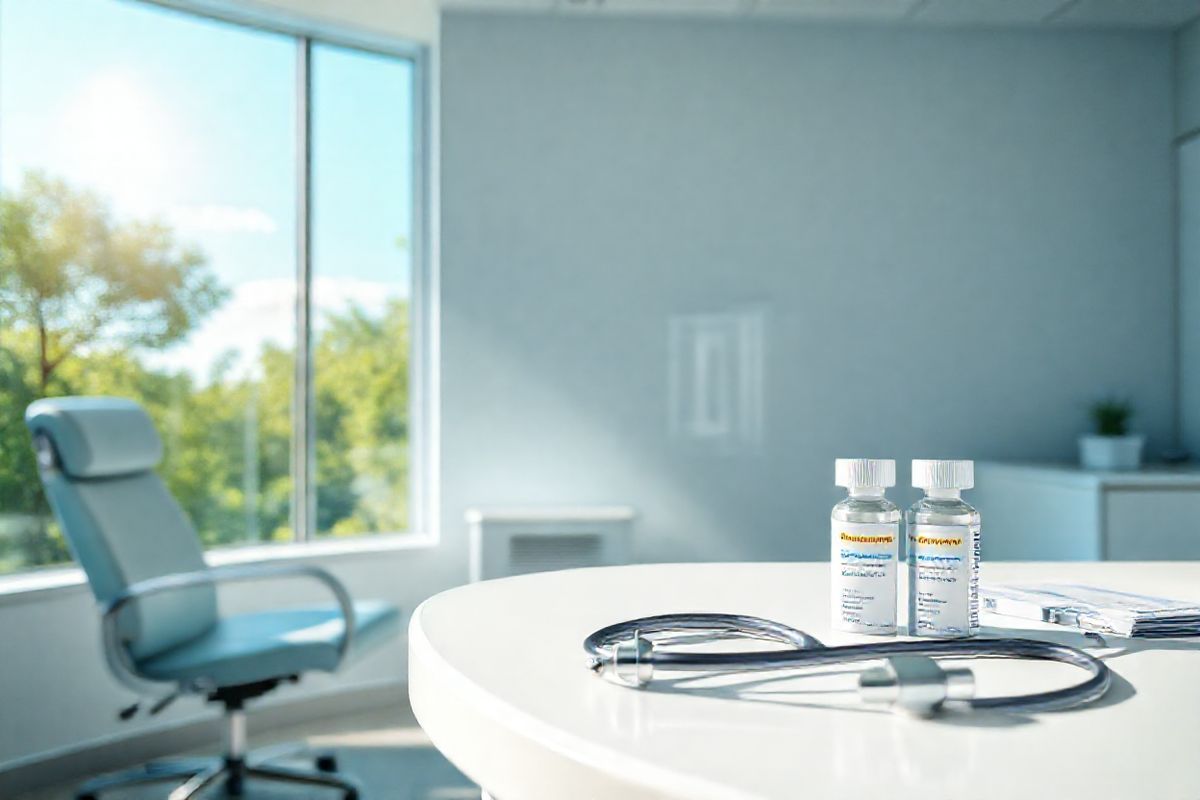 A photorealistic image depicting a serene and modern healthcare setting. The foreground features a clean, well-lit examination room with a comfortable patient chair and a sleek diagnostic table. In the background, a large window allows soft, natural light to flood the space, showcasing a lush view of green trees and a clear blue sky, symbolizing hope and healing. On a nearby counter, there are neatly arranged vials of biosimilars and Neulasta, alongside a stethoscope and medical charts, representing advanced cancer treatment options. The color palette is calming, with soft blues and whites dominating the scene, evoking a sense of tranquility and trust. A subtle reflection of a caring healthcare professional can be seen in the glass of the window, reinforcing the theme of patient-centered care. Overall, the image conveys a sense of modern medicine’s promise, emphasizing accessibility and innovation in cancer treatment.