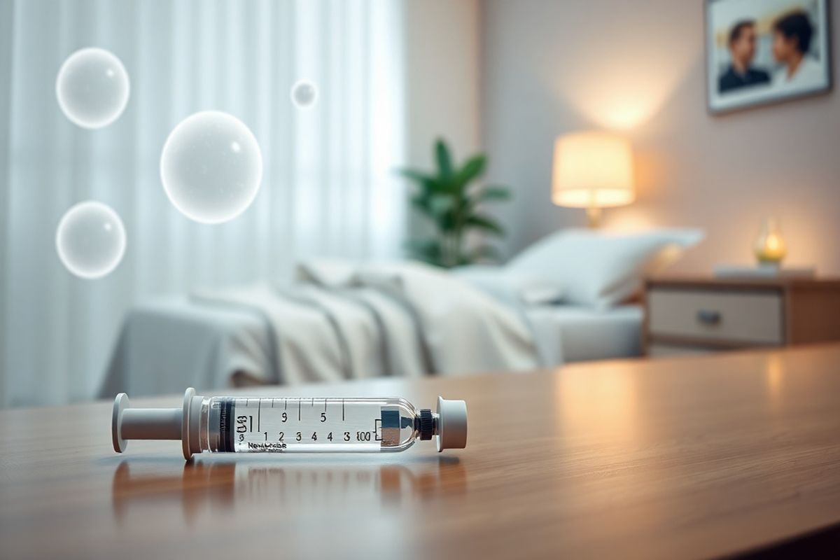 A photorealistic image depicting a serene and calming medical environment. In the foreground, a sleek, modern medical syringe filled with a clear liquid, symbolizing Neulasta, sits atop a polished wooden table. Surrounding the syringe are soft, blurred images of white blood cells and neutrophils, represented as delicate, translucent spheres with subtle color gradients, emphasizing their importance in the immune response. In the background, a softly lit hospital room is visible, with a comfortable patient bed adorned with crisp white linens and a gentle, ambient glow from a nearby lamp. The walls are painted in soothing pastel colors, and a potted plant adds a touch of greenery, signifying hope and healing. The overall composition exudes a sense of professionalism and care, creating an inviting atmosphere that reflects the critical role of Neulasta in supporting patients undergoing chemotherapy. The interplay of light and shadow enhances the depth, giving the image a lifelike quality while maintaining a peaceful, reassuring ambiance.