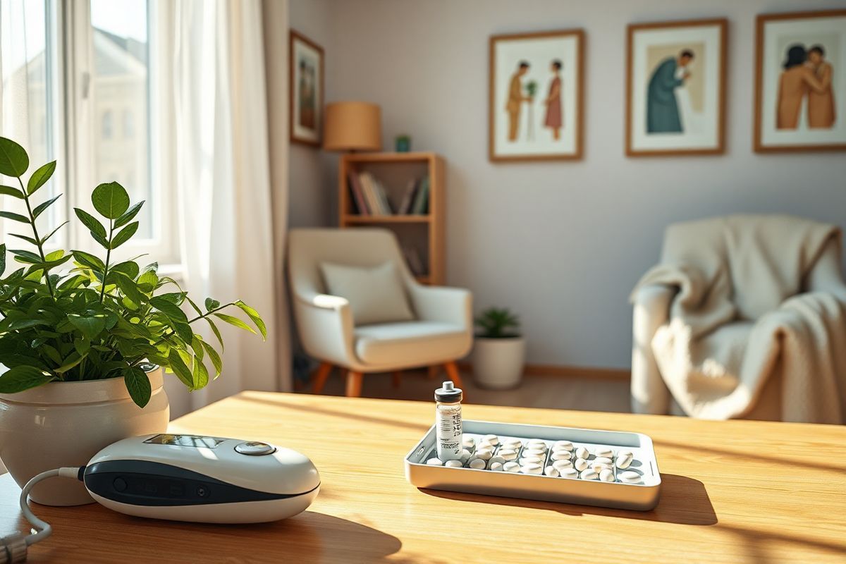 A photorealistic image depicting a serene home healthcare setting. The scene features a sunlit room with soft, warm colors and natural elements. In the center, a sleek, modern medical injection device rests on a wooden table alongside an open pill organizer filled with various medications, including a prominent vial labeled “Kevzara.” Nearby, a cozy armchair is positioned next to a window adorned with sheer curtains, allowing gentle sunlight to filter through. A lush green plant in a ceramic pot adds a touch of life to the scene, symbolizing health and vitality. On the walls, tasteful artwork showcases abstract representations of human figures engaged in activities of daily living, conveying a sense of well-being and community. A small bookshelf in the background is filled with health-related literature, while a comfortable throw blanket drapes over the armchair, inviting warmth and comfort. This tranquil environment captures the essence of self-care and the importance of managing health conditions in a supportive, nurturing space.