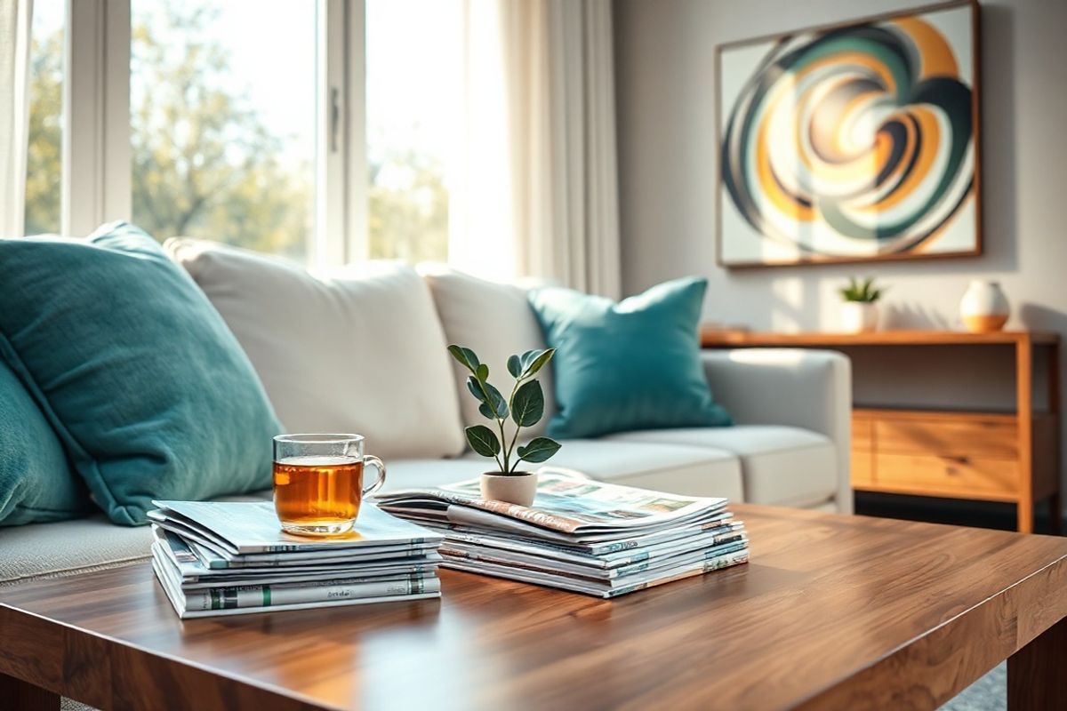 A photorealistic image depicting a serene and inviting home setting. In the foreground, a cozy living room features a plush, light-colored sofa adorned with soft, textured throw pillows in soothing hues of blue and green. A stylish coffee table, made of polished wood, holds a neatly arranged stack of health and wellness magazines alongside a steaming cup of herbal tea. In the background, a large window lets in warm, natural light, illuminating a small indoor plant on the windowsill, symbolizing growth and healing. On the opposite wall, a tasteful piece of abstract art adds a touch of modern elegance, with swirling colors that evoke feelings of calm and tranquility. The overall atmosphere is peaceful and comforting, inviting viewers to imagine a space where one could relax and focus on self-care, reflecting the importance of managing rheumatoid arthritis and the emotional aspects of living with chronic pain. The color palette is soft and harmonious, enhancing the sense of well-being and providing a visual escape that resonates with the themes of health and medication management discussed in the article.