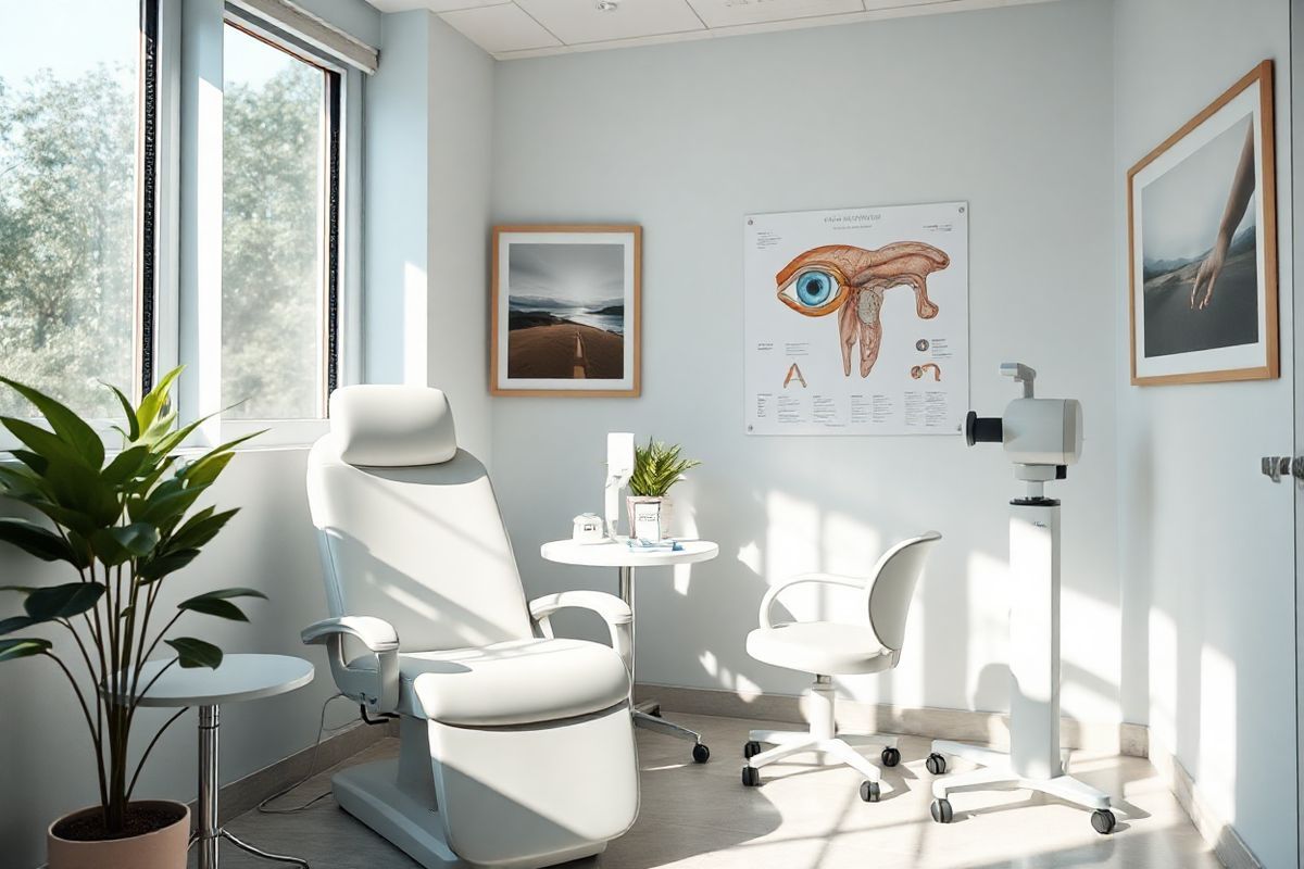 A close-up view of a serene doctor’s office, featuring a well-organized treatment area. The setting is illuminated by soft, natural light streaming through large windows, casting gentle shadows. In the foreground, a pristine examination chair is positioned beside a small, elegant table adorned with a few medical supplies. A sleek, modern medical device for eye examinations stands to the side, showcasing its high-tech design. The walls are painted in calming shades of light blue and white, decorated with framed images of peaceful landscapes and abstract art that evoke a sense of tranquility. A potted plant sits in the corner, adding a touch of greenery and life to the space. On the wall behind the examination chair, a chart depicting the human eye anatomy is subtly displayed, emphasizing the focus on eye health. The overall atmosphere conveys a sense of comfort and professionalism, inviting patients to feel at ease while awaiting their treatment for geographic atrophy.