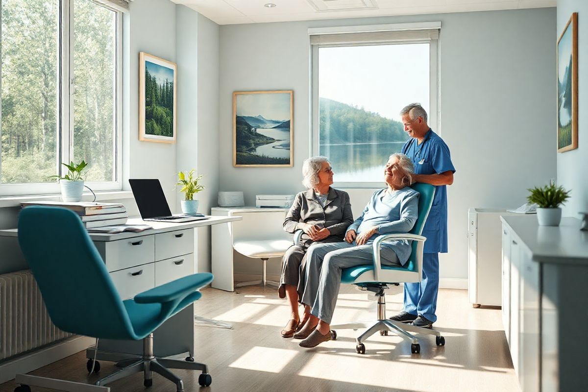 A serene and photorealistic depiction of a cozy medical office setting, bathed in soft, natural light filtering through large windows. The room features a modern examination chair in a calming shade of blue, positioned near a sleek, contemporary desk cluttered with medical charts and a laptop. On the walls, framed images of serene landscapes—lush green forests and tranquil lakes—create a soothing atmosphere. A small potted plant sits on the windowsill, adding a touch of life and greenery to the space. In the background, a medical professional, dressed in scrubs and a lab coat, interacts warmly with an elderly patient seated in the examination chair, conveying a sense of compassion and care. The patient, an older woman with gray hair, appears engaged and at ease, highlighting the importance of support in healthcare. The overall color palette is soft and inviting, featuring shades of blue, green, and warm neutrals, evoking a sense of comfort and trust—perfectly complementing the theme of managing the economic burdens of medical treatments like Syfovre.