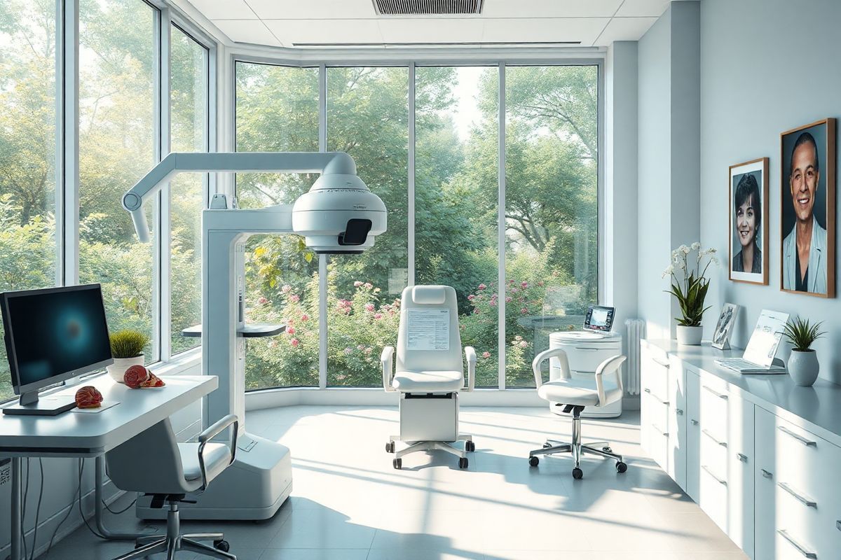 A photorealistic image depicting a serene ophthalmology clinic interior, bathed in soft, natural light filtering through large windows. The room features modern medical equipment, including an advanced retinal imaging machine, sleek examination chairs, and a well-organized desk with eye charts and anatomical models of the human eye. In the background, a large window overlooks a tranquil garden filled with lush greenery and blooming flowers, symbolizing hope and healing. The color palette is calming, with soft blues and whites dominating, creating an atmosphere of professionalism and care. Subtle details such as a potted plant on the desk and a framed photograph of a smiling patient on the wall add a personal touch, emphasizing the human aspect of healthcare. The overall composition radiates a sense of innovation and compassion, perfectly complementing the theme of groundbreaking treatments like Syfovre for geographic atrophy.