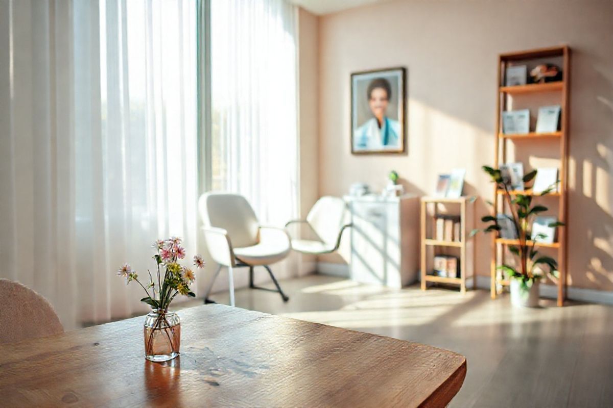 A serene and inviting indoor scene showcases a cozy healthcare setting. In the foreground, a wooden table is adorned with a small vase of fresh flowers, adding a touch of warmth and color. Soft, diffused light streams in through a large window, illuminating the space and creating gentle shadows. In the background, a well-organized medical area features a sleek vaccination station with a comfortable chair, pristine medical supplies neatly arranged, and a framed picture of a smiling healthcare professional on the wall. The walls are painted in soothing pastel tones, enhancing the tranquil atmosphere. To the side, a small bookshelf holds health-related literature and pamphlets, subtly hinting at the importance of vaccinations. A potted plant in the corner brings a hint of nature indoors, contributing to a sense of well-being and care. Overall, the image conveys a reassuring environment where individuals can feel safe and supported while receiving their vaccinations, emphasizing the importance of community health and preventative care.