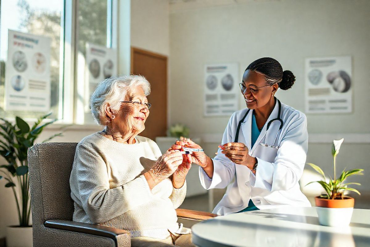 A photorealistic image depicting a serene and inviting healthcare setting, focusing on an elderly person sitting comfortably in a well-lit clinic. The individual, a Caucasian woman in her 70s, is smiling gently as she engages in conversation with a friendly nurse, who is preparing a syringe with the Arexvy vaccine. The nurse, of African descent, wears a crisp white lab coat and has a warm, reassuring demeanor. The background features soft pastel-colored walls adorned with health posters about vaccinations and RSV, creating a calming atmosphere. Sunlight streams through large windows, illuminating the space and highlighting a small potted plant on a nearby table, symbolizing health and growth. The overall composition conveys a sense of safety, care, and community health, emphasizing the importance of vaccination for older adults.