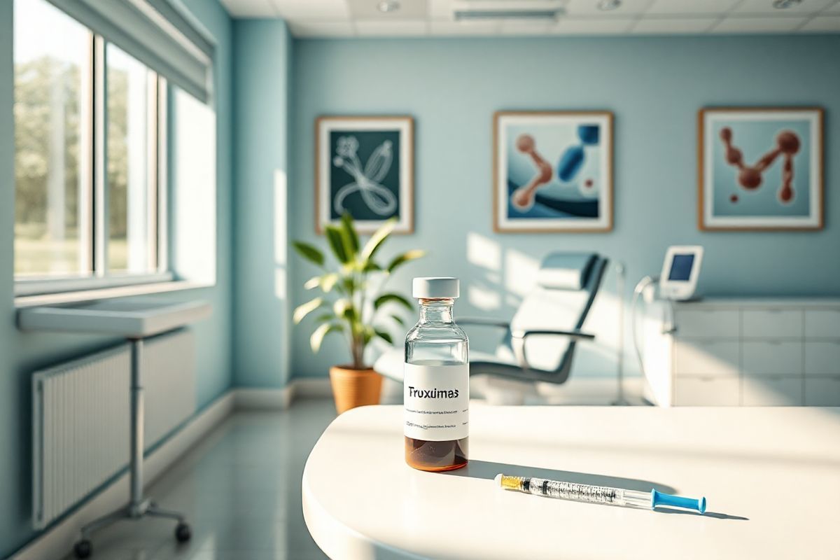 A photorealistic image captures a serene and modern healthcare environment featuring a well-lit, spacious treatment room. The room is adorned with soft, calming colors—gentle blues and greens—creating a soothing atmosphere. In the center, a sleek, high-tech infusion chair is positioned beside a large window, allowing natural light to pour in. On a nearby table, a vial labeled “Truxima” is prominently displayed, with a syringe and an infusion pump subtly visible, emphasizing the focus on biosimilar treatments.   The background showcases a vibrant plant, symbolizing growth and healing, while framed artwork depicting abstract representations of B-cells and antibodies adorns the walls, hinting at the scientific foundation behind the treatments. The overall composition exudes a sense of hope and accessibility in modern medicine, reflecting the transformative impact of biosimilars like Truxima in improving patient care. The lighting is soft and warm, enhancing the inviting feel of the space, making it a perfect visual representation of the advancements in affordable healthcare solutions.