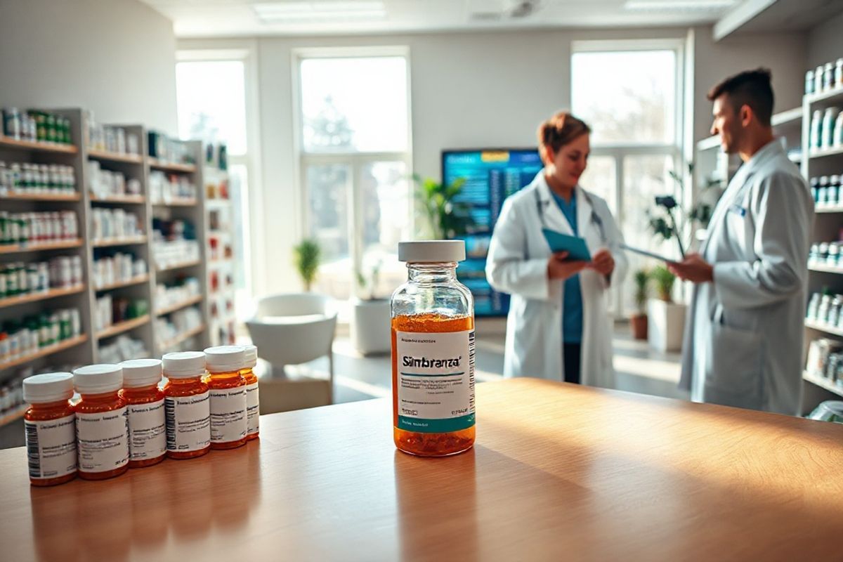 A photorealistic image of a serene pharmacy setting showcases a well-organized and brightly lit interior. In the foreground, a clean, polished wooden counter displays a variety of prescription bottles, with a prominent bottle of Simbrinza at the center, its label clearly visible but without any text. Behind the counter, shelves are filled with neatly arranged medical supplies and over-the-counter medications, suggesting a comprehensive range of health products. Soft natural light filters through large windows, casting gentle shadows and illuminating the space, creating a warm and inviting atmosphere. To the side, a friendly pharmacist, dressed in a crisp white lab coat, assists a patient who is checking the prices displayed on a digital screen. The background features a cozy waiting area with comfortable chairs and potted plants, enhancing the feeling of care and community. The overall composition conveys a sense of trust and professionalism, highlighting the importance of accessible healthcare and the role of pharmacies in patient well-being.