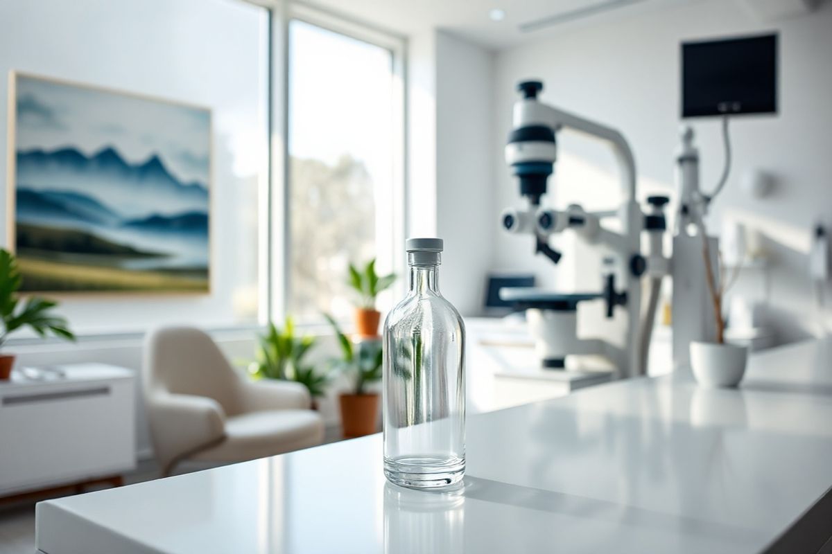 A close-up view of a serene ophthalmology clinic setting, featuring a well-lit examination room with modern equipment. In the foreground, an elegant, transparent bottle of Simbrinza is displayed prominently on a sleek, minimalist countertop, surrounded by soft, natural light filtering through large windows. The background showcases a clean, white wall adorned with calming artwork of tranquil landscapes, evoking a sense of peace and well-being. A comfortable patient chair in muted tones sits beside a state-of-the-art slit lamp, ready for examination. The overall color palette includes soothing blues and greens, reflecting a calm and professional atmosphere. Potted plants add a touch of nature, enhancing the inviting environment. The image captures the essence of compassionate eye care, emphasizing the importance of managing eye health with modern solutions like Simbrinza.