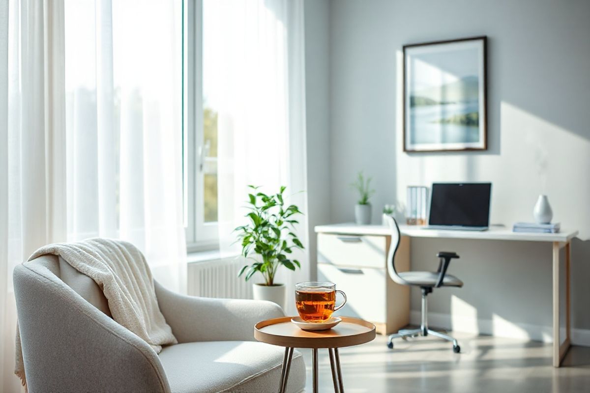 A serene and inviting medical office setting captures the essence of supportive mental health treatment. The image showcases a bright room with soft, natural light streaming in through large windows adorned with sheer curtains. In the foreground, a comfortable, modern armchair is paired with a small side table, on which sits a calming cup of herbal tea. A potted plant adds a touch of greenery, symbolizing growth and healing.   In the background, a sleek desk with a laptop and neatly arranged medical books reflects an organized and professional atmosphere. A framed artwork depicting a tranquil landscape hangs on the wall, enhancing the soothing ambiance. The color palette consists of soft blues and greens, evoking a sense of calm and tranquility.   Subtle details, such as a cozy throw blanket draped over the armchair and a gentle aroma diffuser emitting wisps of vapor, contribute to the overall feeling of comfort and care. This photorealistic image encapsulates the essence of a supportive environment for individuals seeking assistance with their mental health, conveying hope and the possibility of recovery.