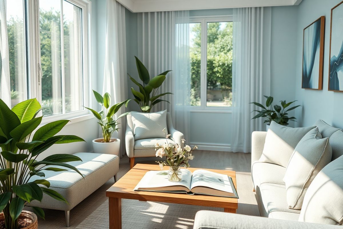 A photorealistic decorative image depicting a serene and calming environment suitable for a mental health clinic or therapeutic space. The scene features a softly lit room with large windows allowing natural light to pour in, illuminating plush, comfortable seating arranged in a cozy nook. A soothing color palette of soft blues and greens dominates the space, complemented by lush indoor plants that add a touch of nature. On a wooden coffee table, a delicate arrangement of fresh flowers sits beside an open book, suggesting a peaceful atmosphere for reflection and healing. The walls are adorned with abstract art in gentle hues, enhancing the tranquil vibe. A gentle breeze rustles through sheer curtains, creating a sense of movement and freshness. In the background, hints of a peaceful outdoor garden can be seen through the windows, further promoting a serene ambiance. This image embodies comfort, tranquility, and the essence of support for individuals seeking treatment, making it an ideal visual companion to the topic of Spravato and mental health care.