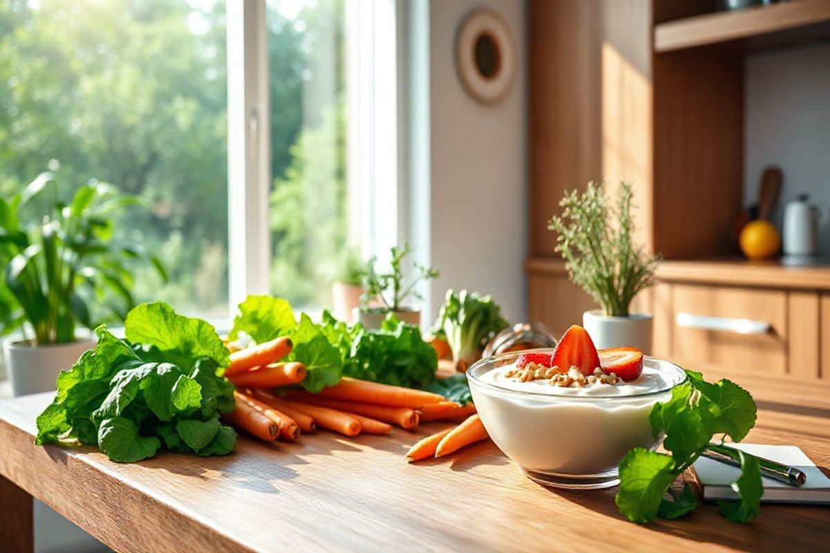 A photorealistic image depicting a serene, sunlit scene in a modern kitchen featuring a wooden table adorned with an array of fresh, healthy foods. The table is set with vibrant green leafy vegetables, bright orange carrots, and a bowl of creamy yogurt topped with sliced strawberries and a sprinkle of nuts, emphasizing a diet rich in calcium and vitamin D. In the background, a window reveals a lush garden, hinting at a lifestyle that embraces nature and wellness. Soft light filters through the glass, casting gentle shadows and highlighting the textures of the food. On the countertop, a small potted plant symbolizes growth and vitality, while a measuring cup and a small notebook with a pen suggest meal planning and nutrition awareness. This inviting atmosphere conveys a sense of health, balance, and proactive management of osteoporosis, creating a harmonious blend of culinary appeal and wellness.