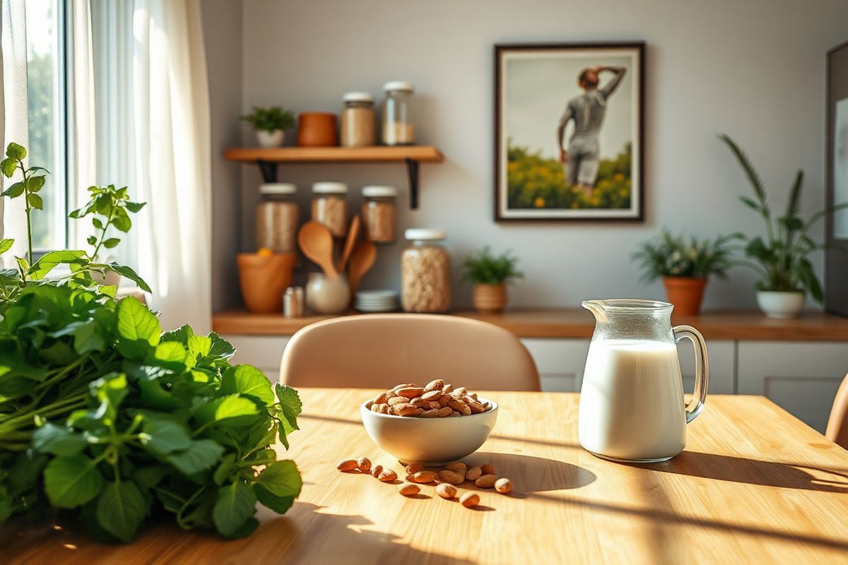 A photorealistic image depicting a serene and inviting kitchen setting, bathed in soft, natural light. In the foreground, a wooden table is elegantly set with a variety of fresh, wholesome foods that promote bone health, including leafy greens, a bowl of almonds, and a pitcher of milk. The background features a well-organized shelf stocked with jars of calcium-rich items like sesame seeds and fortified cereals. A window with sheer curtains allows sunlight to stream in, casting gentle shadows on the table, while potted herbs like basil and rosemary add a touch of greenery. On the wall, there is a framed artwork of a healthy lifestyle scene, capturing the essence of wellness and nutrition. The overall ambiance is warm and inviting, emphasizing a healthy, balanced diet as a key element in preventing osteoporosis.