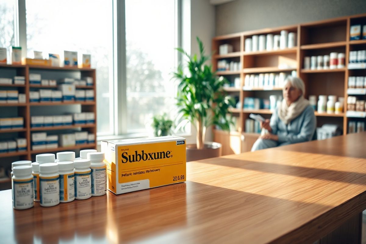 The image features a serene and inviting pharmacy setting, bathed in soft, natural light filtering through large windows. In the foreground, a polished wooden counter displays an array of pharmaceutical bottles, with a prominent focus on a bright yellow and white Suboxone box, symbolizing hope and recovery. Behind the counter, shelves are stocked with neatly arranged medication boxes, each labeled with calming colors, creating an organized and reassuring atmosphere.   To the side, a patient sits in a comfortable chair, engaged in a thoughtful conversation with a friendly pharmacist, who gestures towards a brochure about patient assistance programs. The background showcases a well-maintained indoor plant, adding a touch of greenery and life to the environment. Warm tones dominate the color palette, evoking a sense of tranquility and support, while the overall composition conveys a message of accessibility, care, and the importance of community resources in the journey toward recovery. The scene encapsulates the essence of compassion in healthcare, making it a fitting visual representation of the affordability and accessibility of Suboxone treatment.