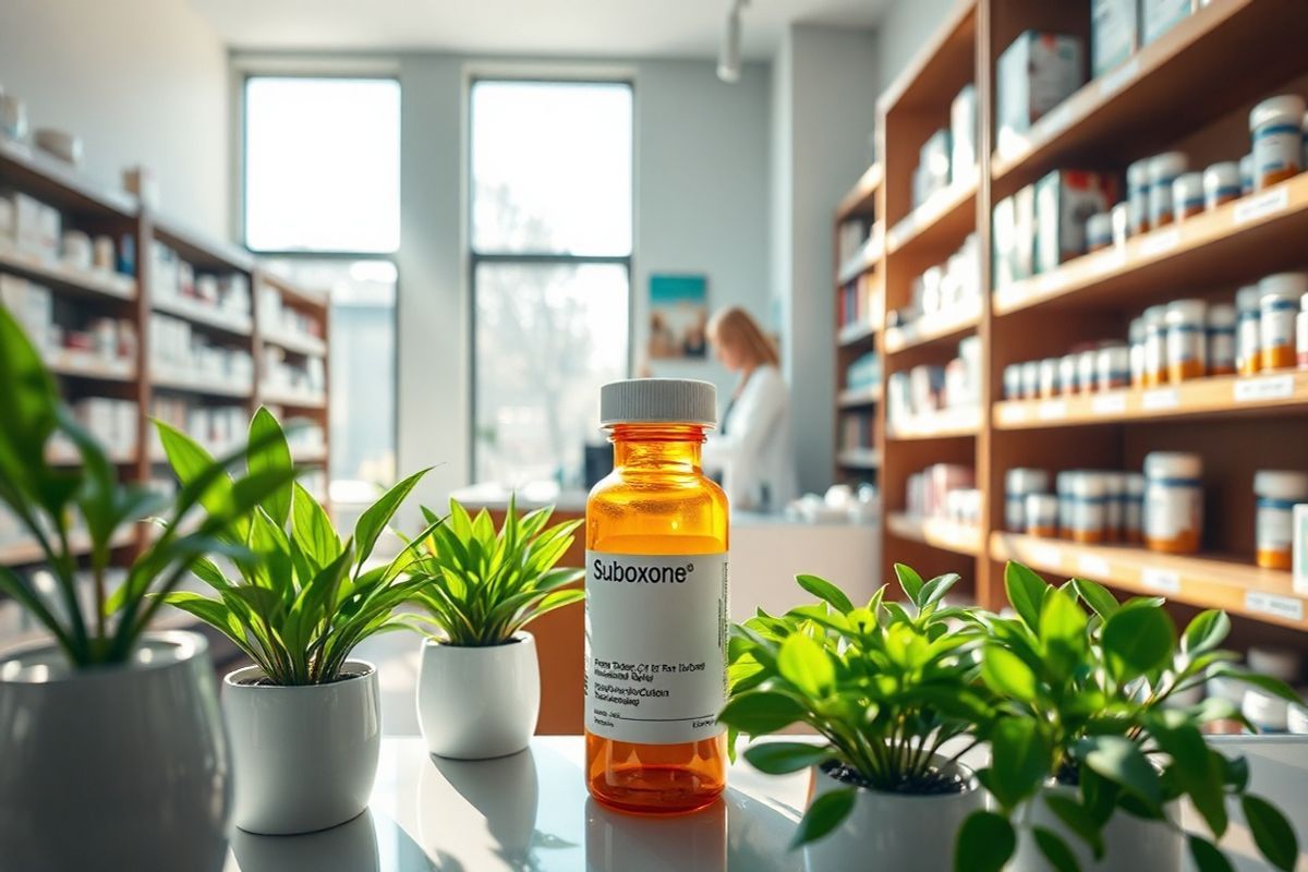 A photorealistic image depicting a serene, well-lit pharmacy interior showcasing a neatly organized shelf filled with various medications, including Suboxone. The foreground features a close-up of a prescription bottle of Suboxone, its label clearly visible but without any text. Surrounding the bottle are vibrant green plants in decorative pots, creating a sense of calm and healing. The background displays a friendly pharmacist assisting a patient at the counter, emphasizing a supportive and welcoming atmosphere. Soft, natural light streams through large windows, illuminating the space and casting gentle shadows, enhancing the feeling of comfort and trust. The overall color palette consists of warm tones, with wooden shelves and a clean, modern design, evoking a sense of professionalism and care in healthcare. This image encapsulates the essence of accessibility and support in medication management, aligning perfectly with the message of understanding the financial implications of Suboxone treatment.