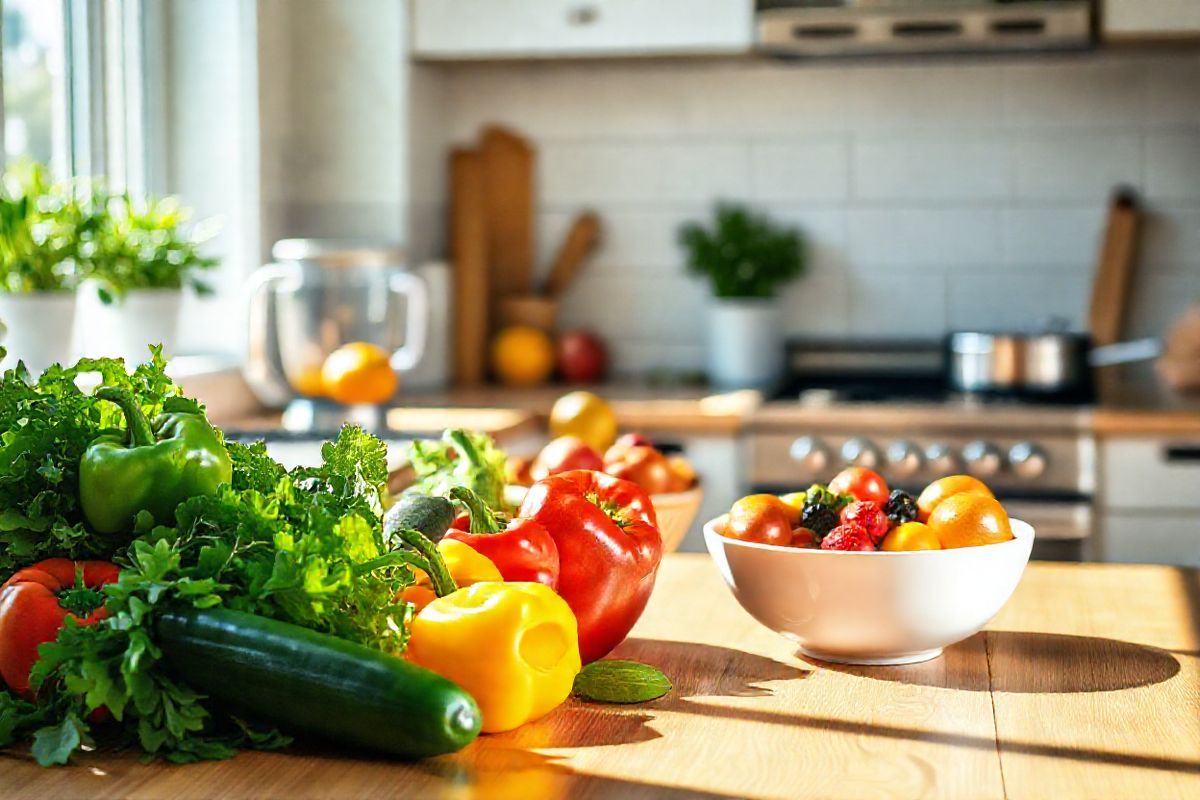 A photorealistic image depicting a serene kitchen setting bathed in natural light. The focal point is a wooden table adorned with fresh, vibrant vegetables such as bell peppers, cucumbers, and leafy greens, symbolizing healthy eating and lifestyle choices. In the background, a white bowl filled with plump, colorful fruits like apples, oranges, and berries adds a pop of color, emphasizing the importance of nutrition in managing prediabetes. The kitchen features modern appliances, including a sleek blender and a pot of simmering soup on the stove, suggesting meal preparation. Soft, warm tones are complemented by green plants on the windowsill, creating a fresh and inviting atmosphere. Sunlight streams through a large window, casting gentle shadows and highlighting the textures of the wooden table and the freshness of the produce. This image encapsulates the essence of healthy living and proactive management of prediabetes, making it an ideal visual representation for the accompanying text.