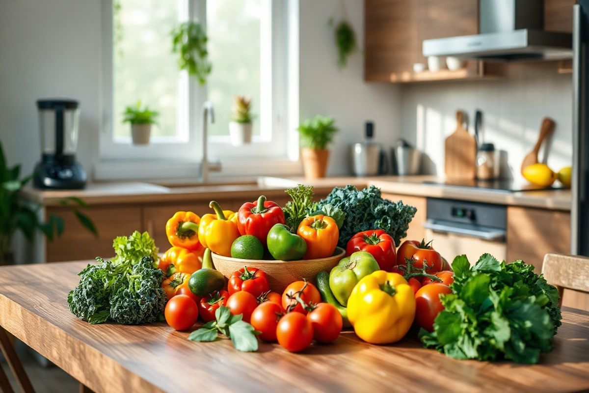 A photorealistic image depicting a serene and inviting kitchen scene that embodies health and wellness. The focal point is a modern wooden dining table adorned with a vibrant array of fresh vegetables and fruits, symbolizing nutritious eating. A bowl of colorful bell peppers, ripe avocados, and bright tomatoes sits at the center, surrounded by a selection of leafy greens like kale and spinach. Soft natural light filters through a window, casting gentle shadows and highlighting the textures of the produce. In the background, a sleek countertop features a stylish blender and measuring cups, suggesting meal preparation for a healthy lifestyle. Hanging herbs in small pots add a touch of greenery and freshness. The overall atmosphere is warm and inviting, emphasizing a lifestyle that promotes well-being, weight management, and diabetes care. This image captures the essence of healthy eating habits, making it a perfect complement to the discussion of semaglutide’s role in improving metabolic health and promoting weight loss.