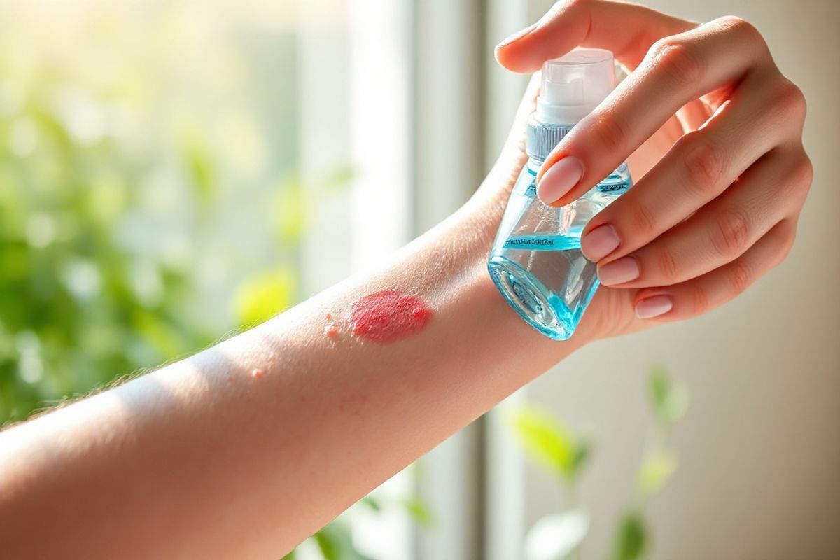 A serene and calming scene depicting a close-up view of a hand gently applying a hypochlorous acid spray onto inflamed psoriasis plaques on forearms. The skin is slightly red, showcasing the texture of the raised patches and the surrounding healthy skin. In the background, soft, blurred greenery symbolizes healing and tranquility, while natural sunlight filters through, creating a warm and inviting atmosphere. The spray bottle is elegantly designed, transparent with a subtle blue tint, reflecting the purity and gentleness of the product. The focus is on the interaction between the hand and the skin, highlighting the soothing action of the spray. The overall color palette blends soft pastels with touches of green and blue, evoking a sense of peace and wellness, ideal for a skincare theme. The image captures a moment of self-care and hope, emphasizing the importance of gentle, effective treatments in managing skin conditions like psoriasis.