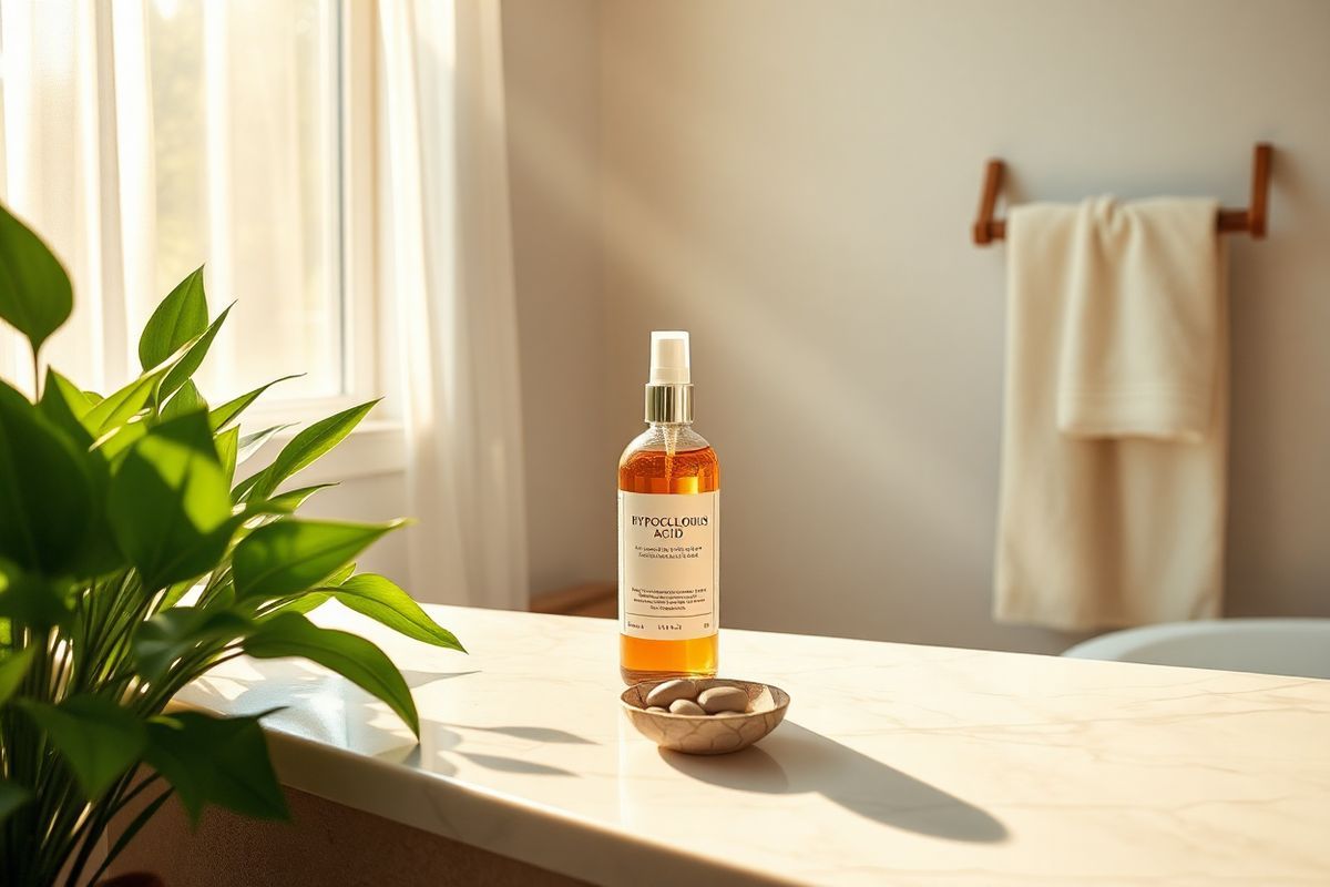 A serene and inviting scene depicting a tranquil bathroom setting, featuring a large, sunlit window that allows soft, warm rays to illuminate the space. The window is framed by sheer, flowing curtains, enhancing the natural light. On the marble countertop, there is an elegant bottle of hypochlorous acid spray, its label subtly indicating its skincare purpose without any text. Surrounding the bottle are lush green plants, adding a touch of nature and freshness to the environment. A small, decorative bowl filled with smooth pebbles sits beside the spray, symbolizing calmness and healing. In the background, a plush towel hangs neatly on a rustic wooden rack, and a soft, inviting bath mat lies beneath, completing the spa-like atmosphere. The overall color palette features soothing earth tones and gentle greens, creating a sense of tranquility and wellness, perfectly aligning with the theme of skincare and self-care in the context of managing psoriasis. The image evokes feelings of relaxation and hope, showcasing a space dedicated to personal well-being and the nurturing of skin health.