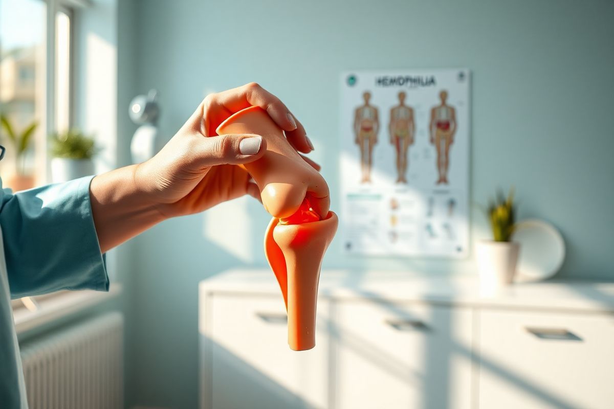 A photorealistic image depicting a serene medical environment focused on hemophilia care. In the foreground, a close-up of a healthcare professional’s hands gently holding a model of a human knee joint, showcasing detailed anatomical features. The joint should appear slightly swollen, with a subtle red hue to indicate inflammation, and small drops of blood visible around the joint area, symbolizing hemarthrosis. In the background, softly blurred, a modern clinic setting is visible, featuring medical equipment, a chart showing joint anatomy, and a calming color palette of light blues and greens. Warm, natural light filters through a window, creating a peaceful atmosphere that conveys hope and healing. A small potted plant on the windowsill adds a touch of nature, enhancing the overall sense of well-being. The image should evoke feelings of empathy and understanding, highlighting the importance of timely intervention and care for individuals affected by hemophilia.