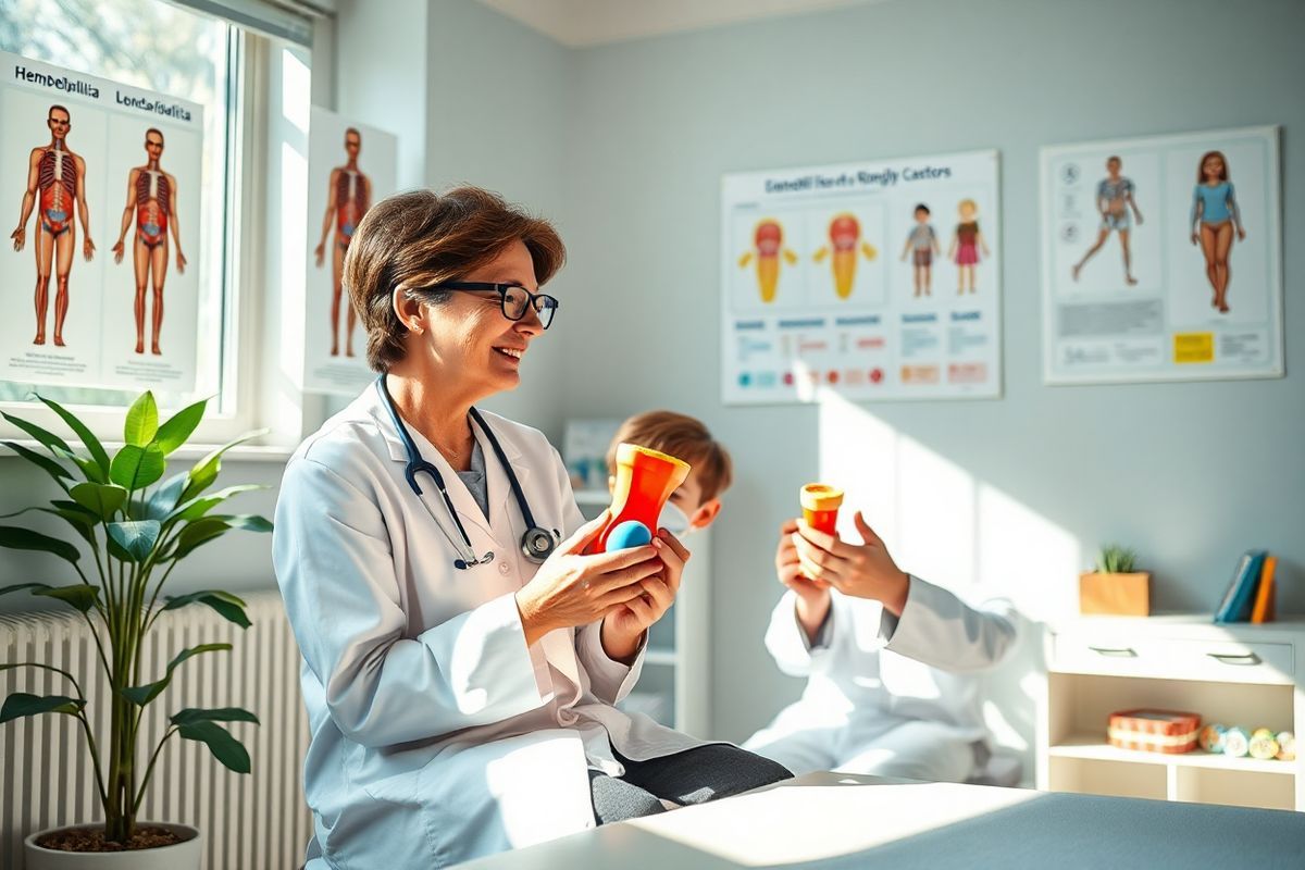 A photorealistic image depicting a serene hospital setting, focusing on a well-lit consultation room. In the foreground, a young boy is sitting on an examination table, looking curiously towards a compassionate doctor who is explaining something with a gentle smile. The doctor, a middle-aged woman with glasses, is holding a colorful anatomical model of a joint, symbolizing the importance of understanding hemophilia and its effects on joint health. Surrounding them are vibrant posters of human anatomy on the walls, along with a chart illustrating the clotting factors, subtly hinting at the medical theme.   Natural light streams through a large window, casting a warm glow on the room, creating a comforting atmosphere. In the background, a small shelf is lined with children’s books and educational toys, emphasizing a child-friendly environment. A potted plant in the corner adds a touch of greenery, enhancing the sense of calm and care. This image captures the essence of pediatric care in hemophilia, highlighting the importance of education, compassion, and the supportive environment for children facing this disorder.